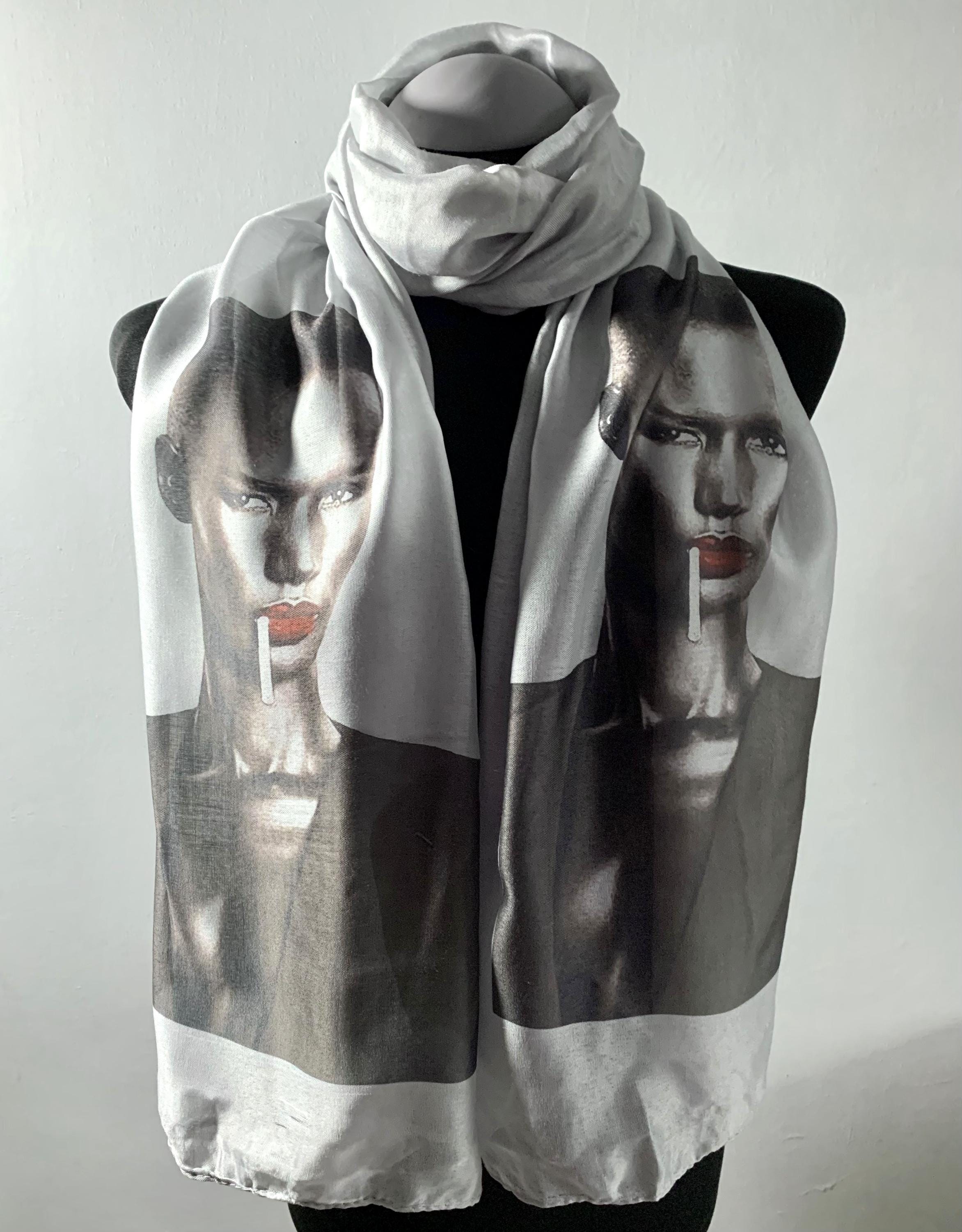 Grace Jones Inspired Scarf – 80s Style Long Grey Scarf with Bold Print – Music Fashion