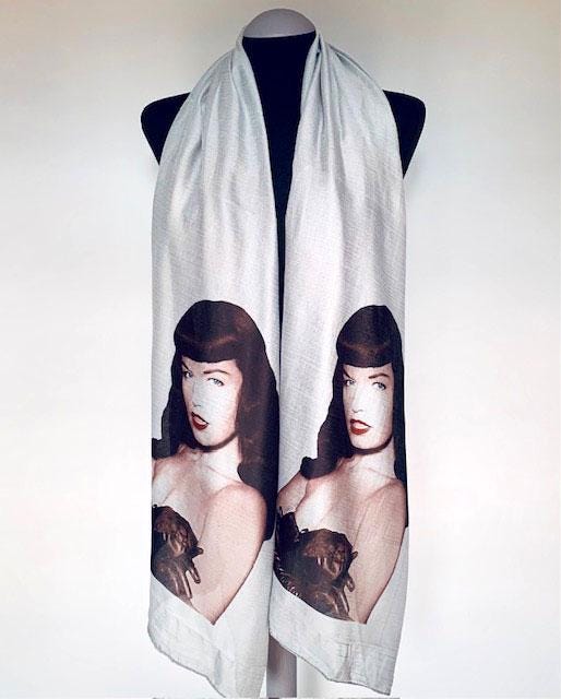 Bettie Page Inspired Scarf – 1950's Vintage Style Long Grey Scarf with Pin up Print – Vintage Glamour Fashion