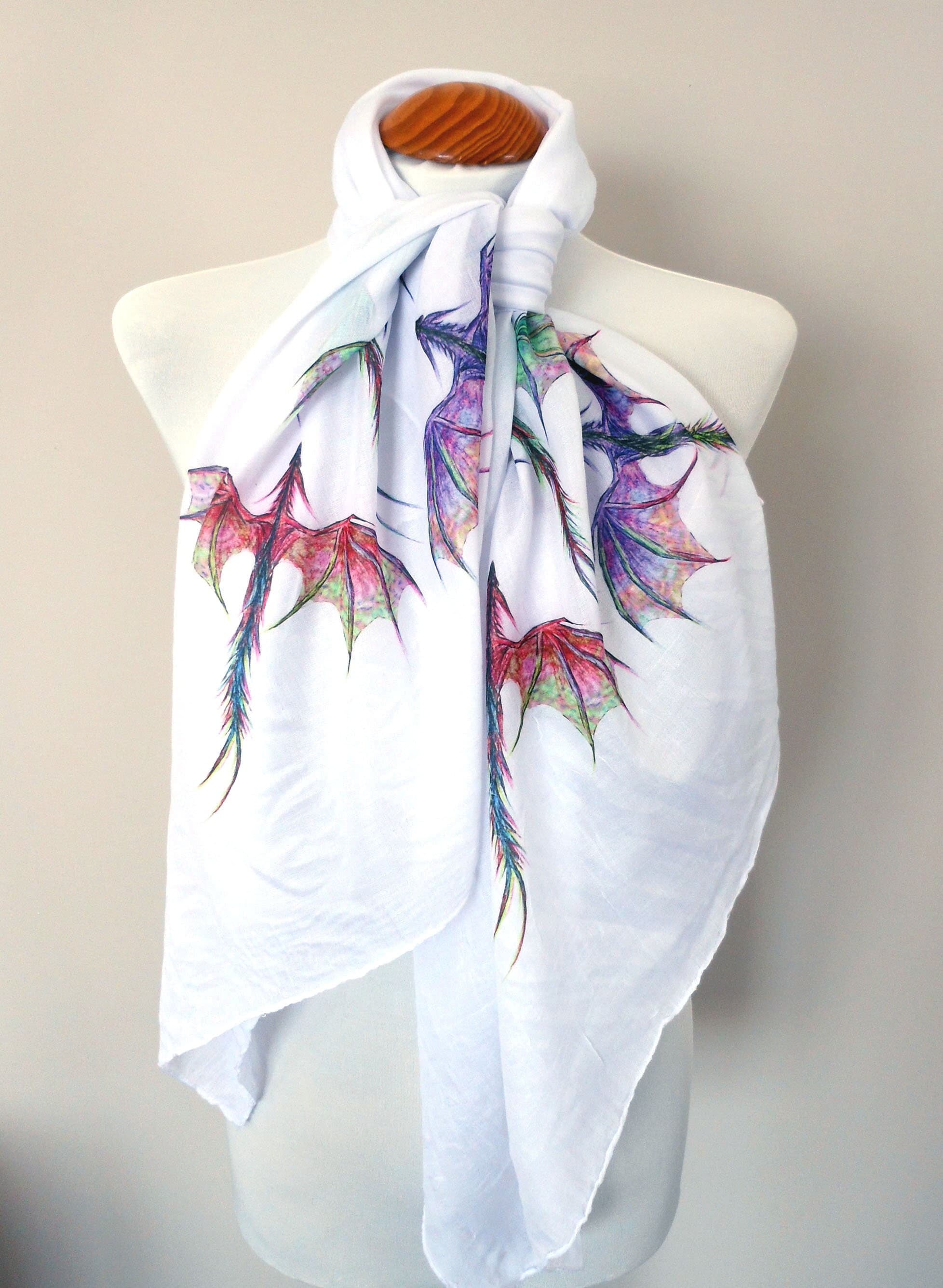 Dragon Scarf – Long White Scarf with Colorful Mythical Dragon Print - Fantasy Scarf