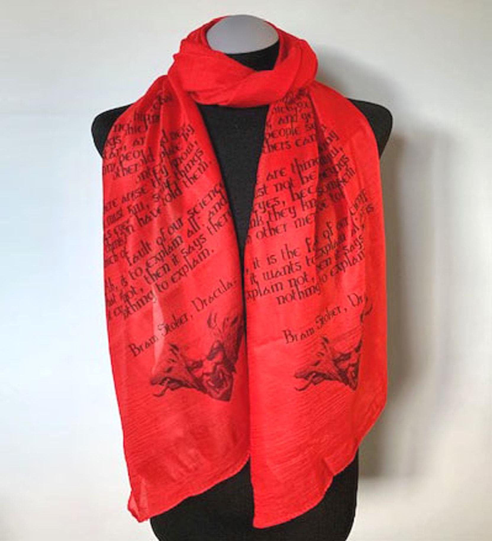 Dracula Vampire Scarf – Gothic Red Long Literary Scarf with Bram Stoker Print