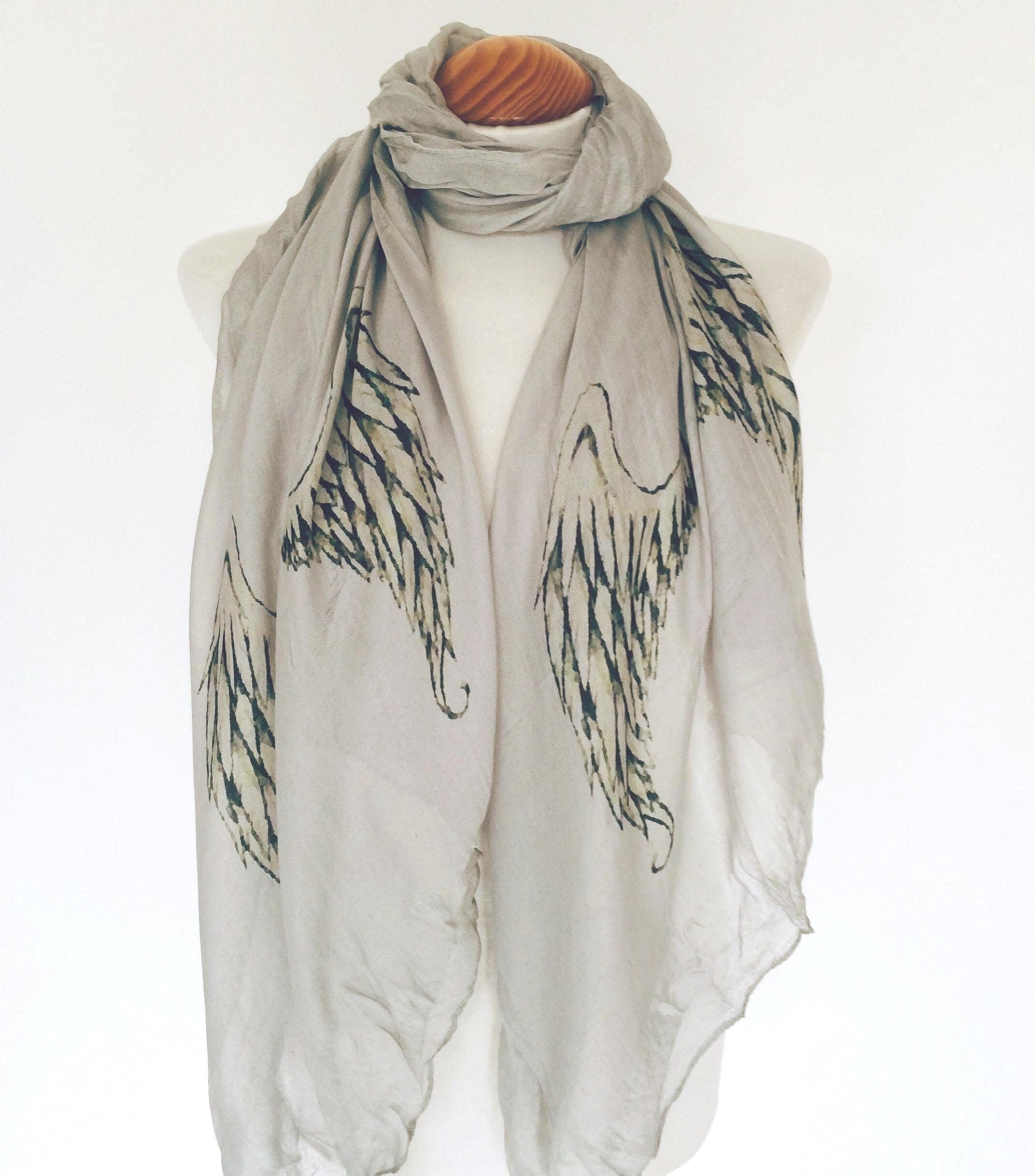 Angel Wings Long Scarf – Ethereal Grey Feather Wrap, Boho Spiritual Style