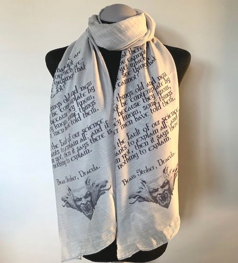 Dracula Vampire Scarf – Gothic Grey Long Literary Scarf with Bram Stoker Print