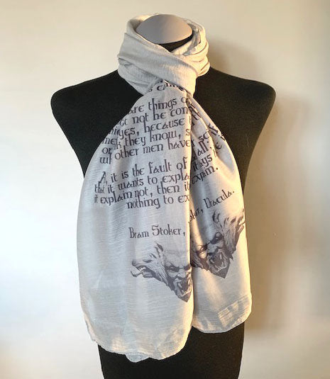 Dracula Vampire Scarf – Gothic Grey Long Literary Scarf with Bram Stoker Print