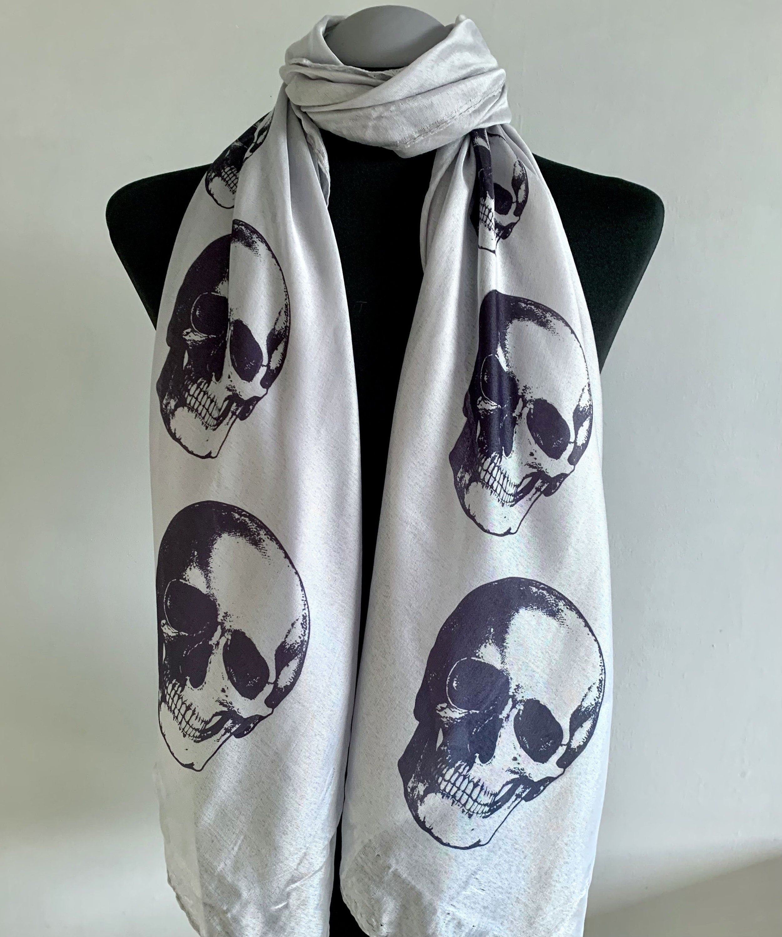 Grey Skull Scarf – Long Gothic Punk Wrap with Black Skull Print – Alternative Fashion Accessory