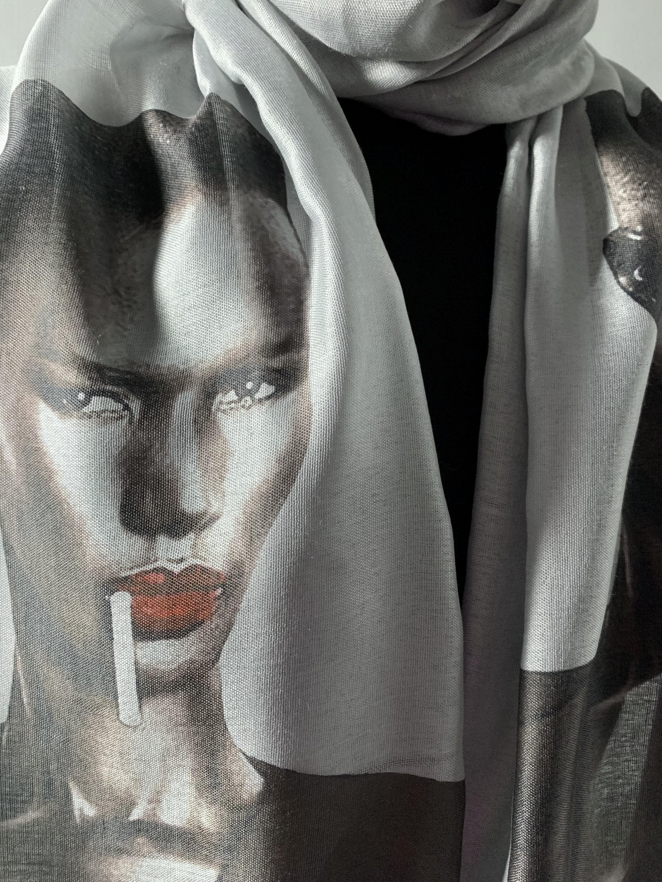 Grace Jones Inspired Scarf – 80s Style Long Grey Scarf with Bold Print – Music Fashion