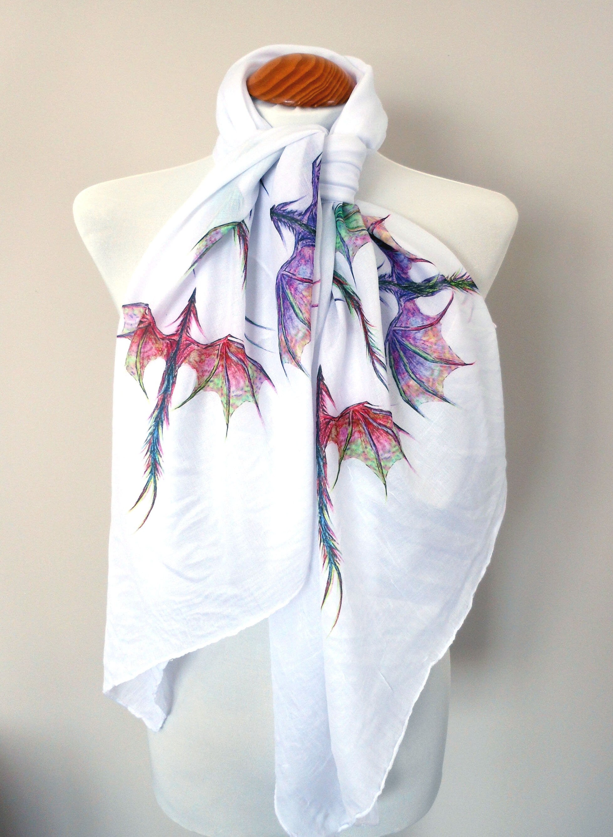 Dragon Scarf – Long White Scarf with Colorful Mythical Dragon Print - Fantasy Scarf