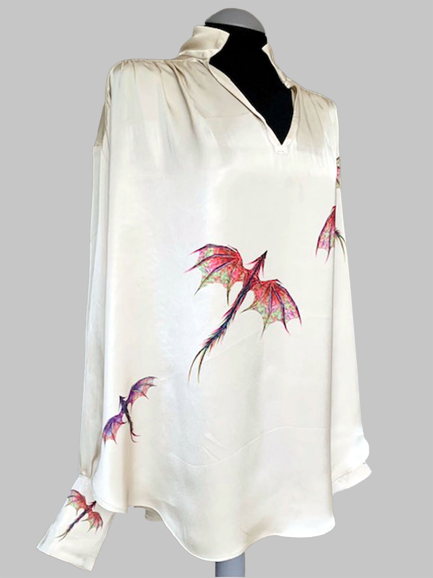 colorful dragons hand printed on to reworked cream satin ladies blouse 