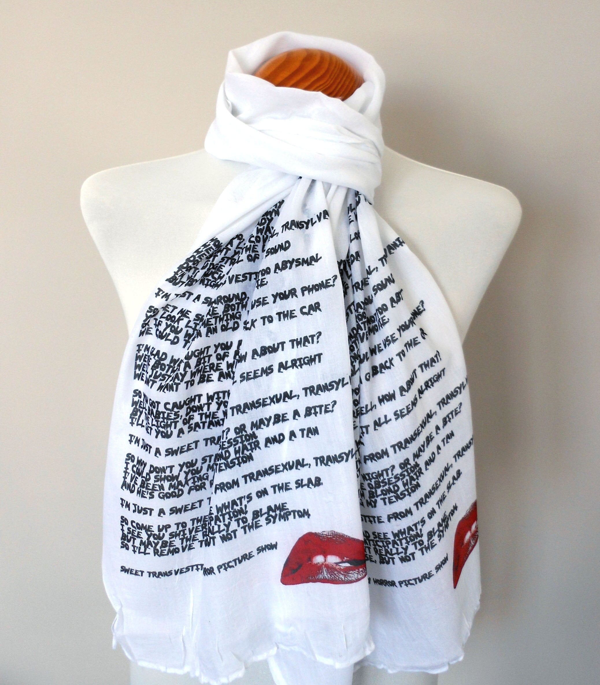 Rocky Horror Inspired Scarf – Kitsch Long Scarf with Red & Black Sweet Transvestite Print