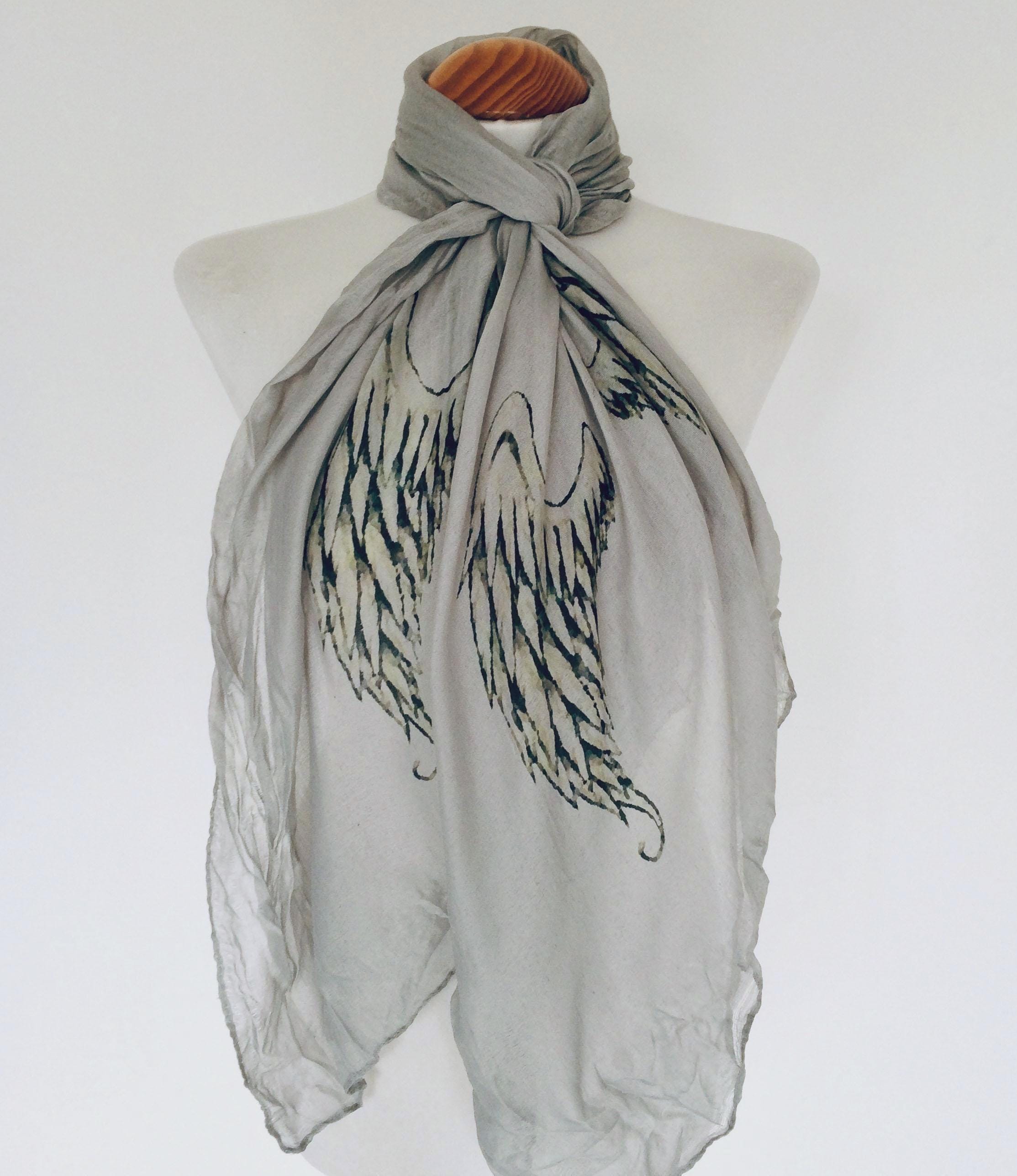 Angel Wings Long Scarf – Ethereal Grey Feather Wrap, Boho Spiritual Style