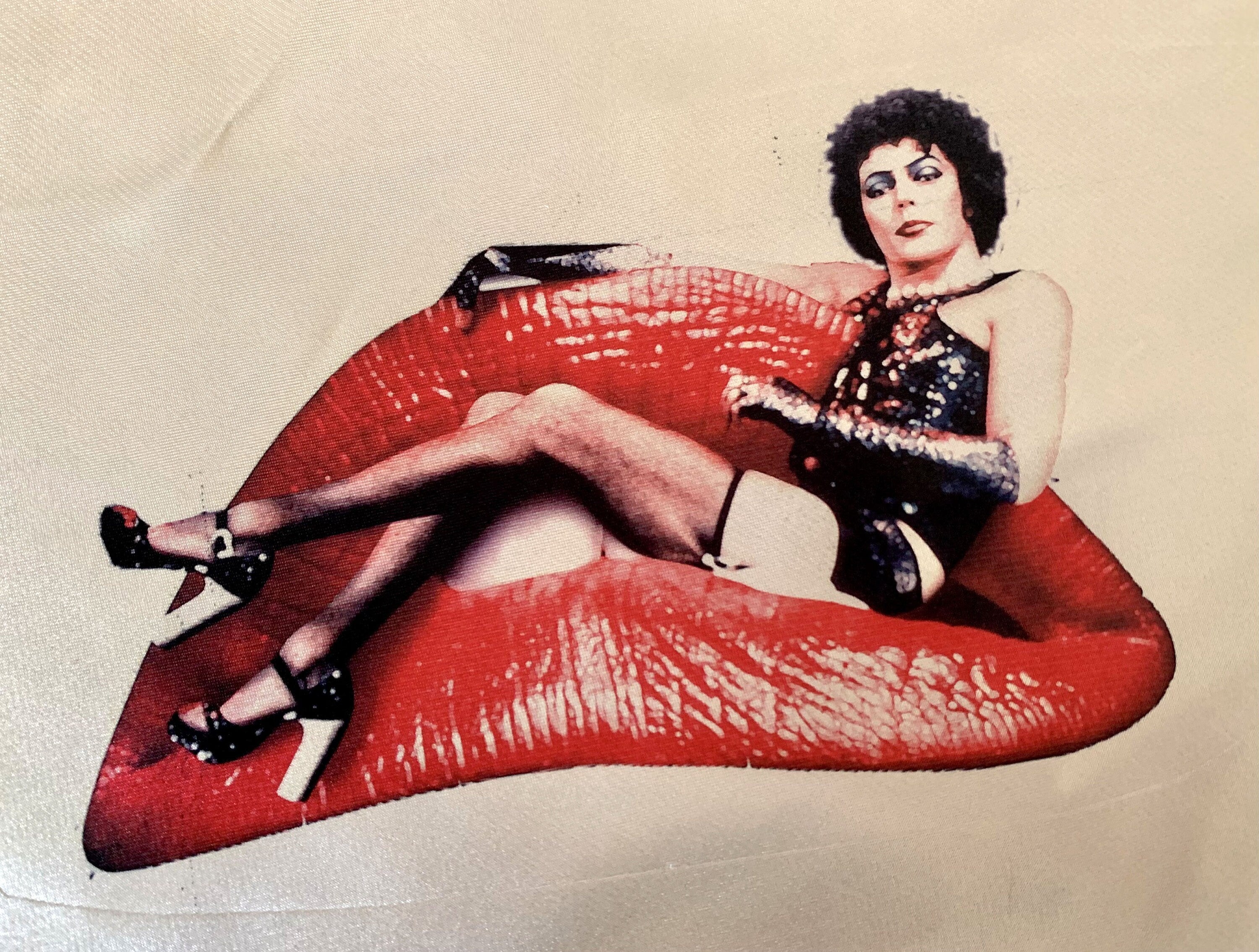 Rocky Horror Inspired Silk Scarf – Ivory Silk Square Scarf with Red & Black RHPS Red Lips Print