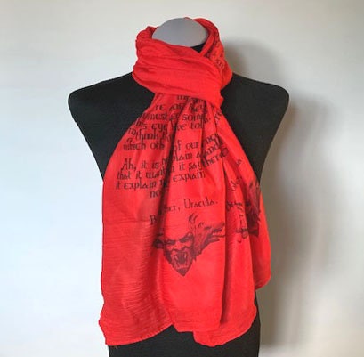 Dracula Vampire Scarf – Gothic Red Long Literary Scarf with Bram Stoker Print