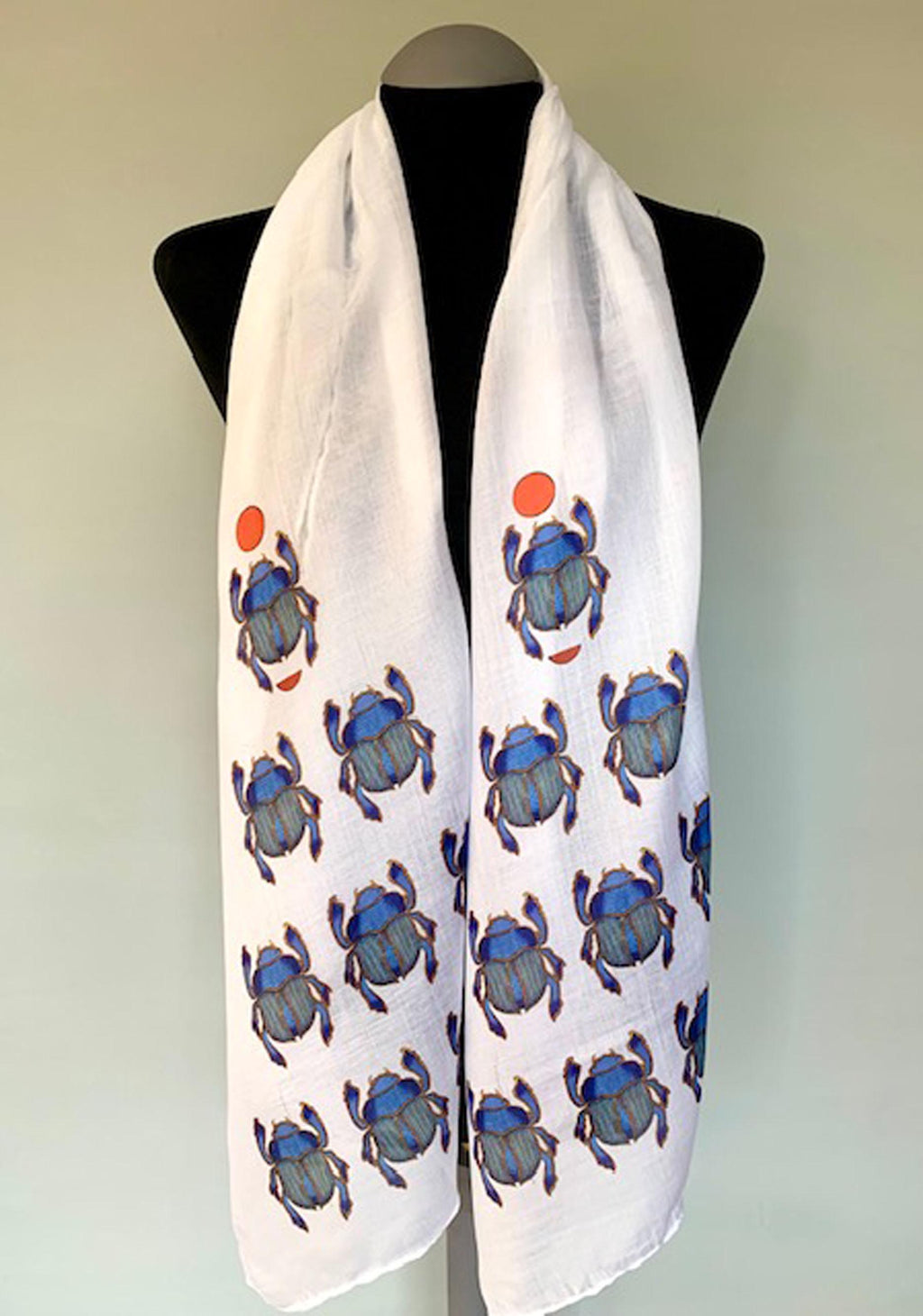 Egyptian Scarab Scarf – Blue Scarab Beetle Print – Long Boho Spiritual Scarf
