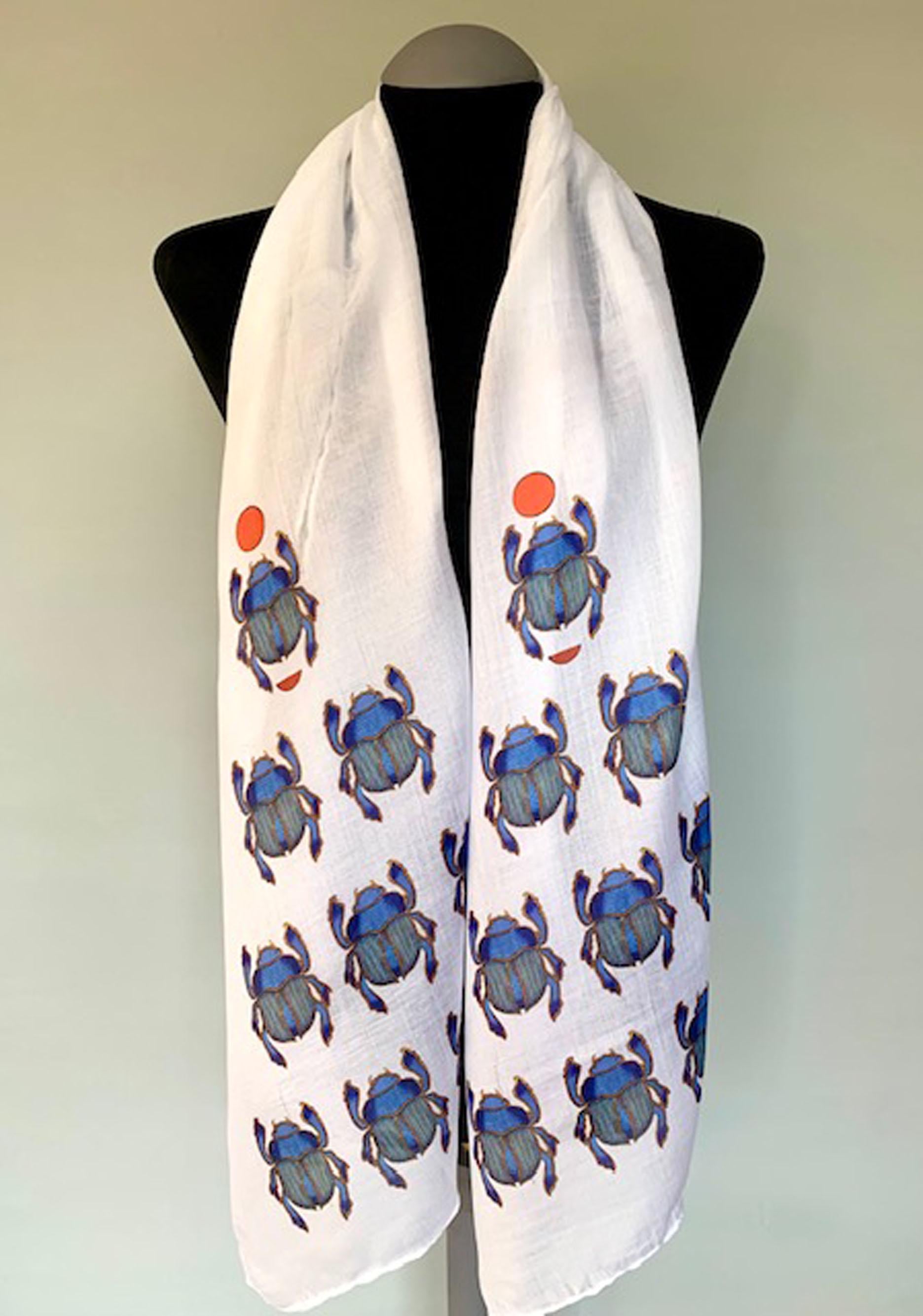 Egyptian Scarab Scarf – Blue Scarab Beetle Print – Long Boho Spiritual Scarf