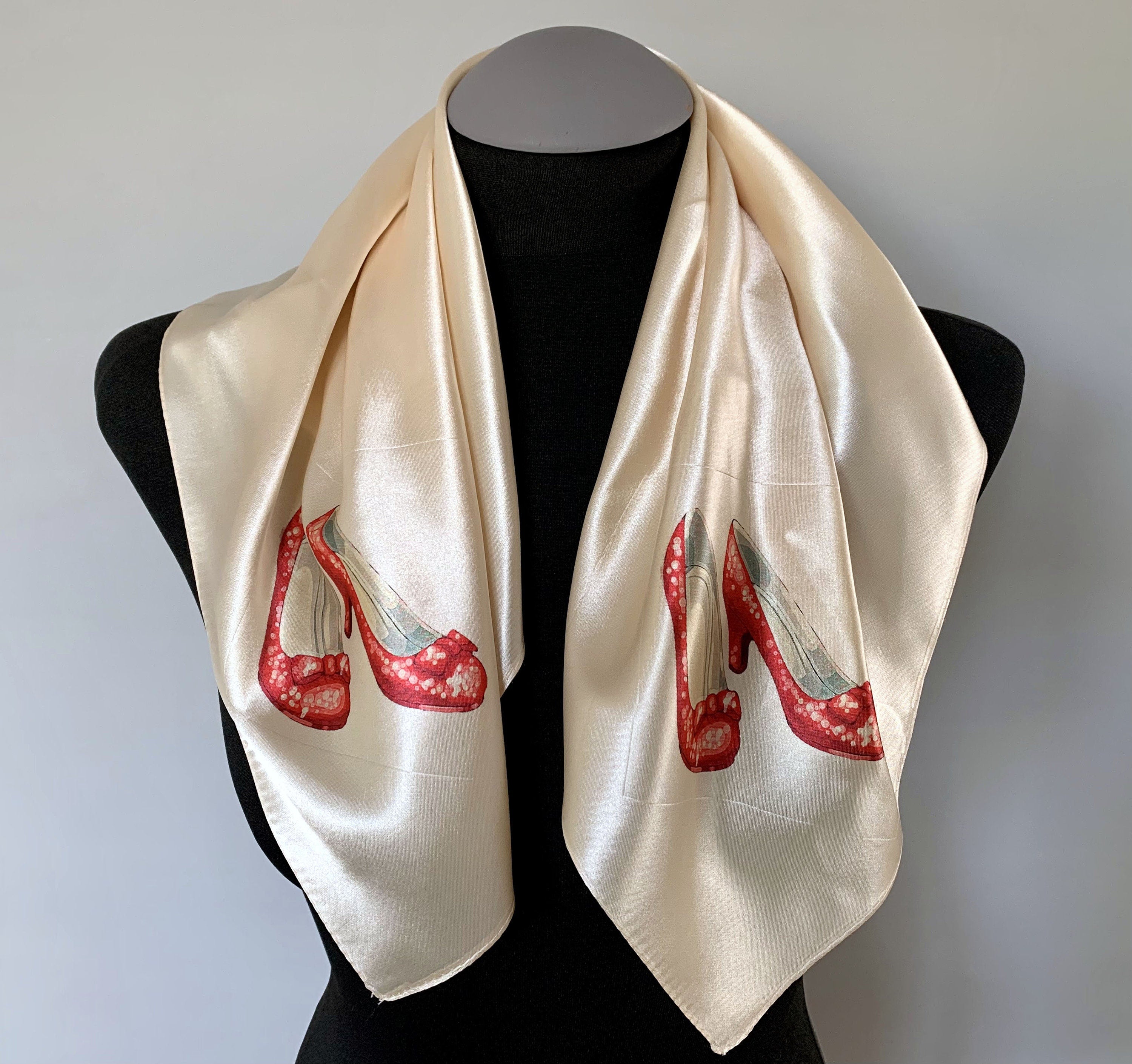 Wizard of Oz Inspired Silk Scarf – Ivory Square Scarf with Red Shoes Print - Dorothy's Shoes Design