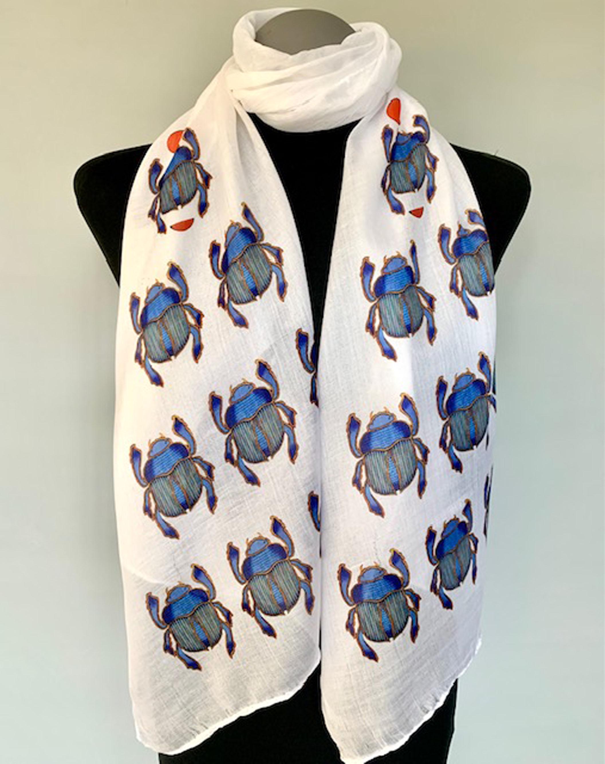Egyptian Scarab Scarf – Blue Scarab Beetle Print – Long Boho Spiritual Scarf