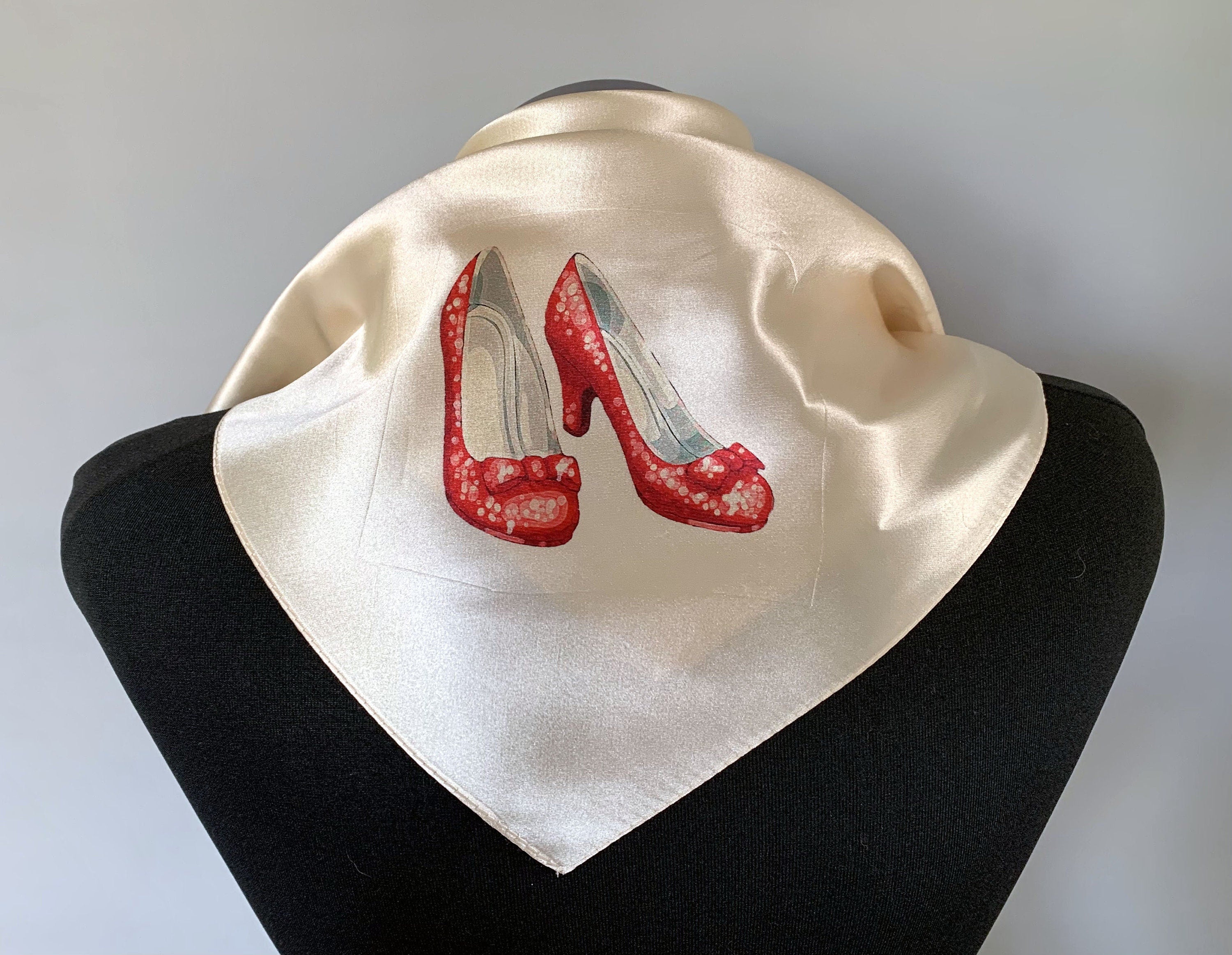 Wizard of Oz Inspired Silk Scarf – Ivory Square Scarf with Red Shoes Print - Dorothy's Shoes Design