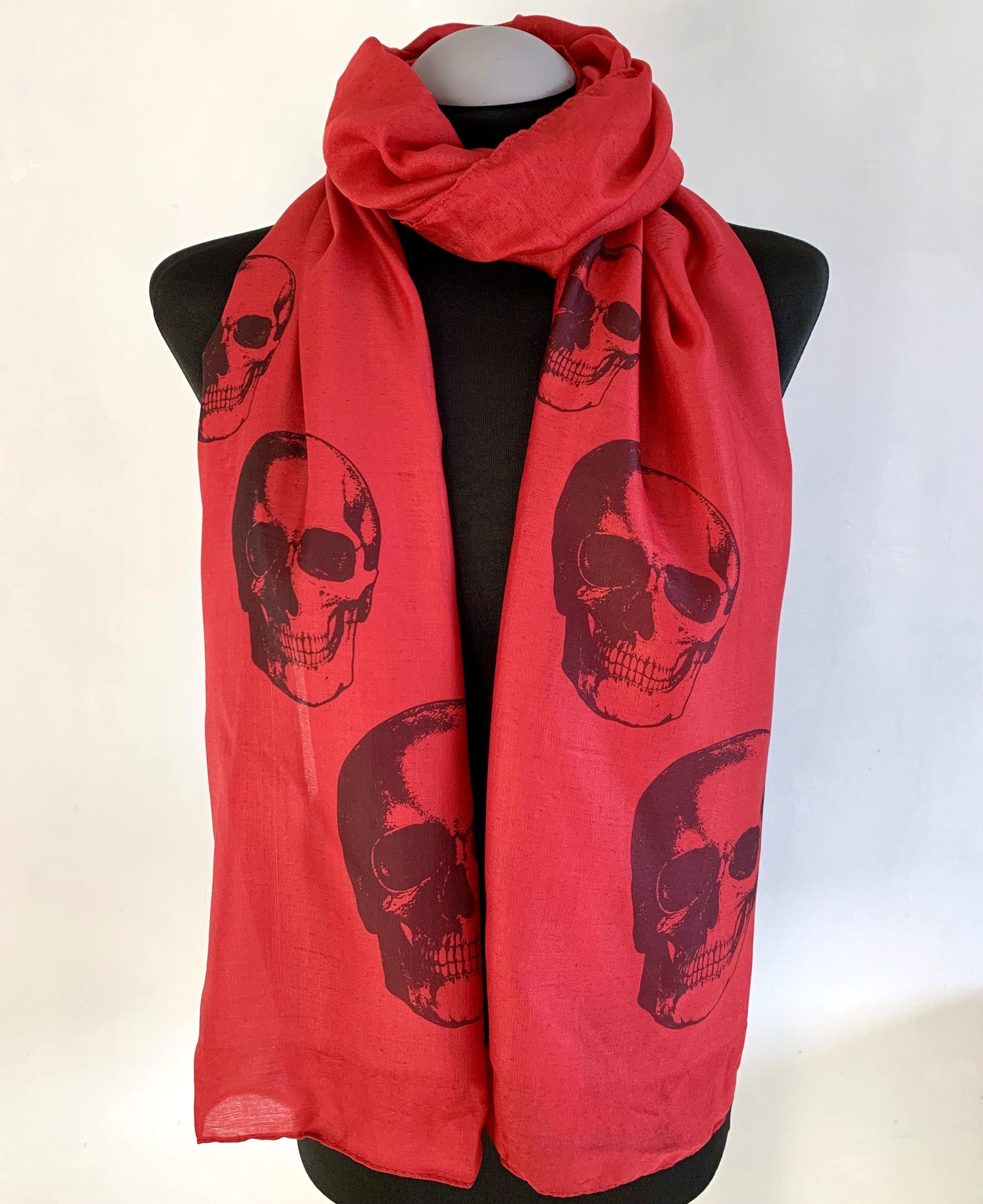 Red Skull Scarf – Long Gothic Punk Wrap with Black Skull Print – Alternative Fashion Accessory