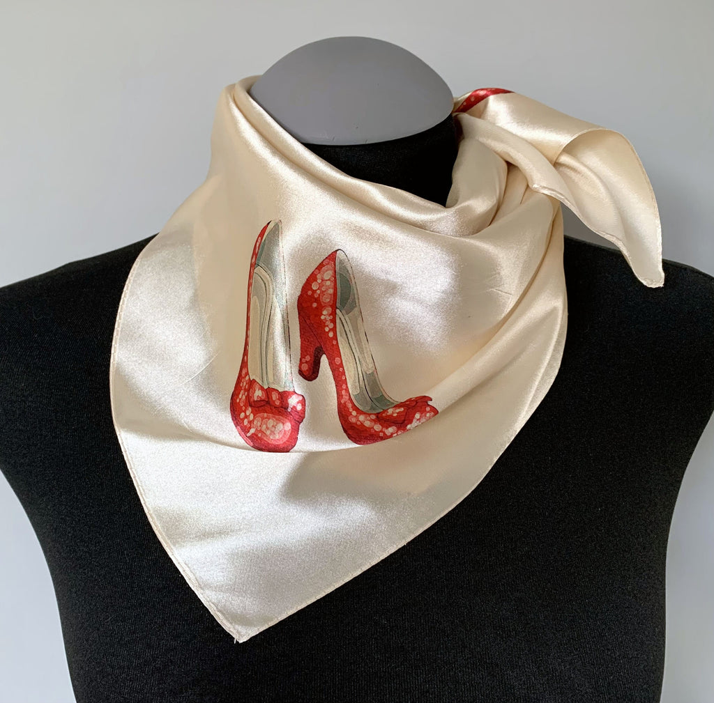 Wizard of Oz Inspired Silk Scarf – Ivory Square Scarf with Red Shoes Print - Dorothy's Shoes Design