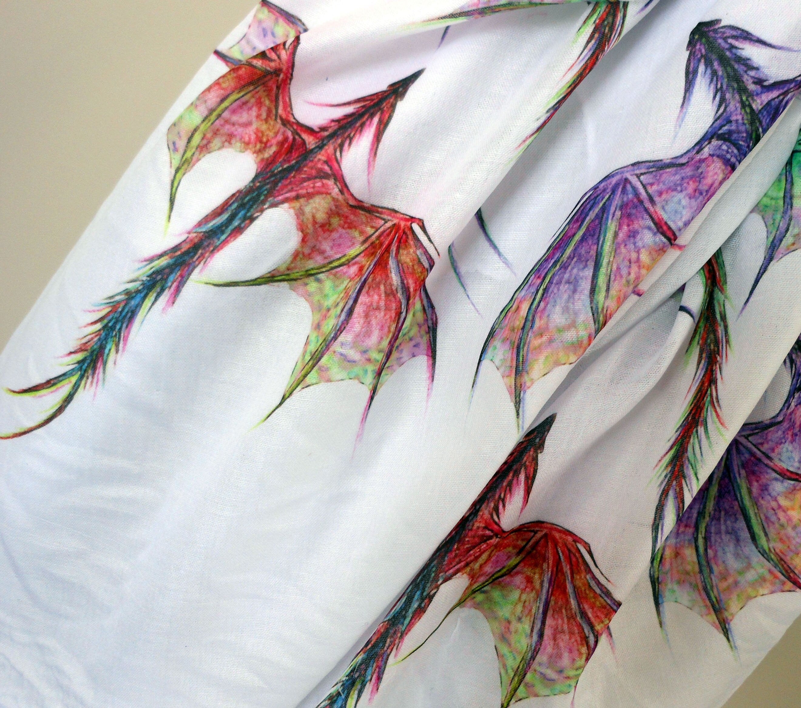 Dragon Scarf – Long White Scarf with Colorful Mythical Dragon Print - Fantasy Scarf