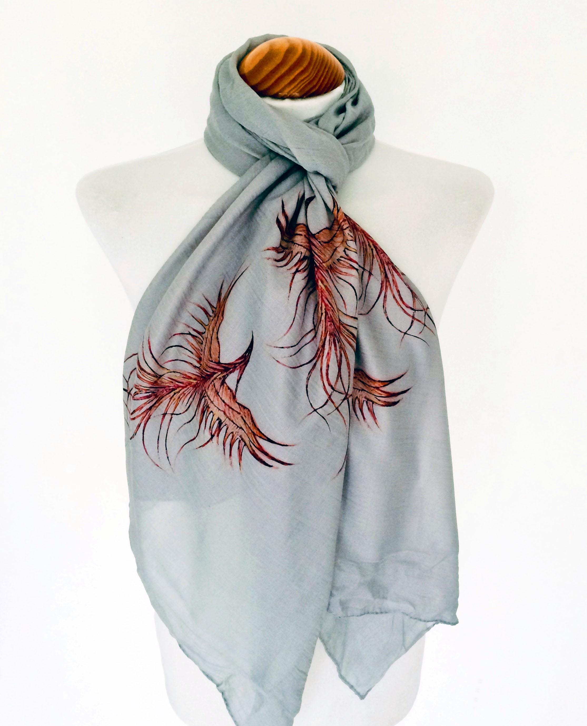Red Phoenix Scarf – Mystical Rebirth Bird Print on Grey Long Scarf, Mythical Scarf