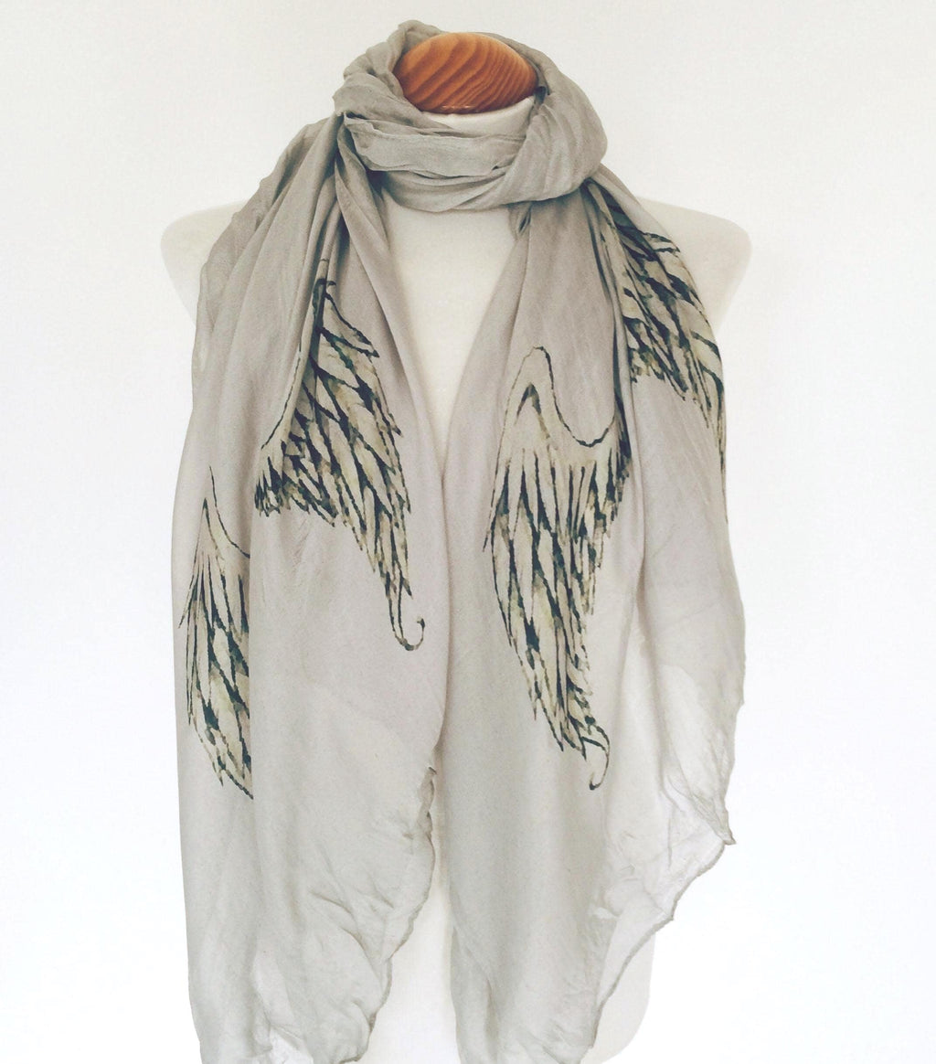 Angel Wings Long Scarf – Ethereal Grey Feather Wrap, Boho Spiritual Style