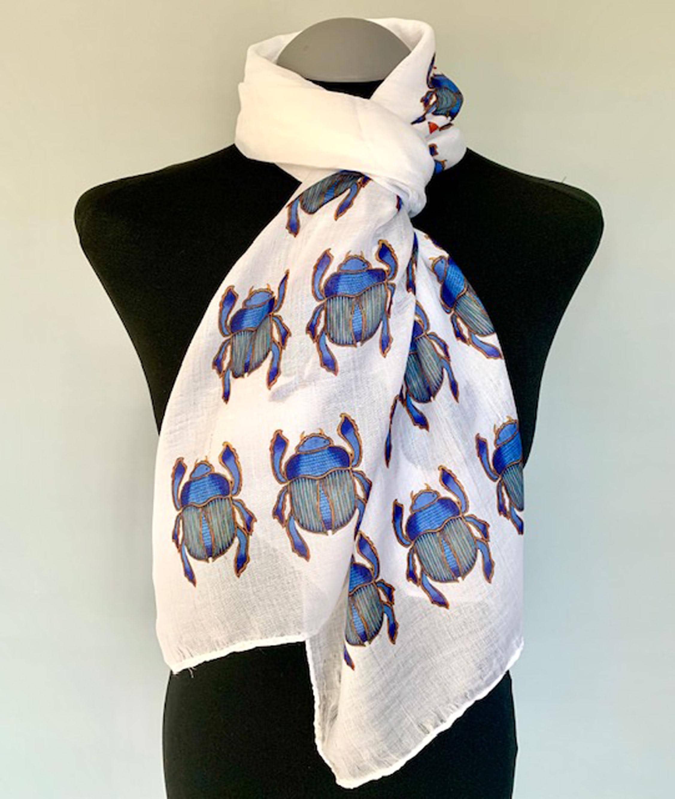 Egyptian Scarab Scarf – Blue Scarab Beetle Print – Long Boho Spiritual Scarf