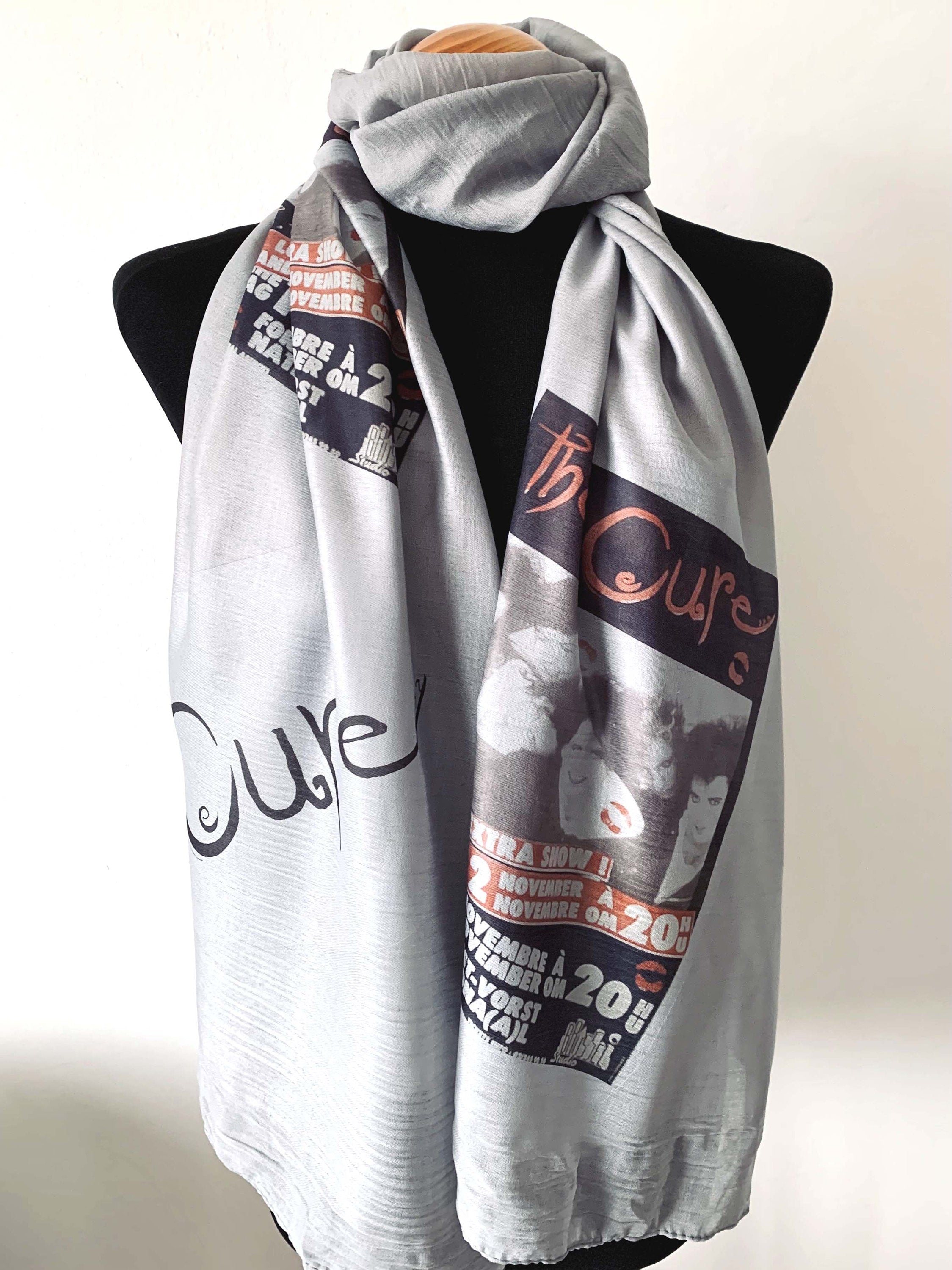 The Cure Inspired Scarf – Punk Style Long Grey Scarf with Black and Red Band Print