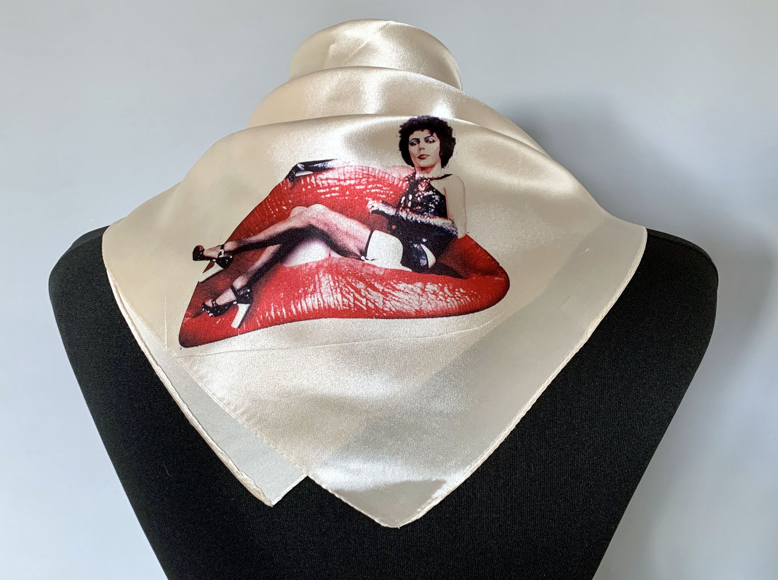 Rocky Horror Inspired Silk Scarf – Ivory Silk Square Scarf with Red & Black RHPS Red Lips Print
