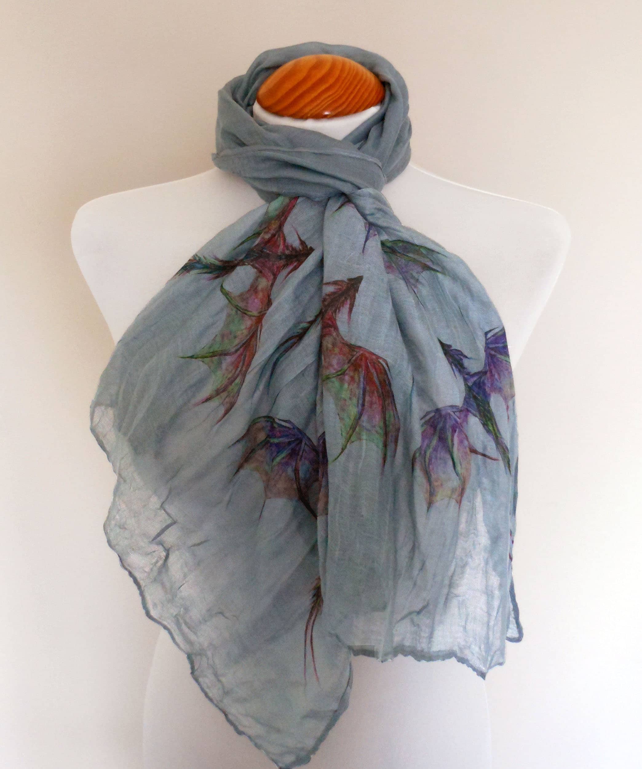 Dragon Scarf – Long Grey Scarf with Colorful Mythical Dragon Print - Fantasy scarf