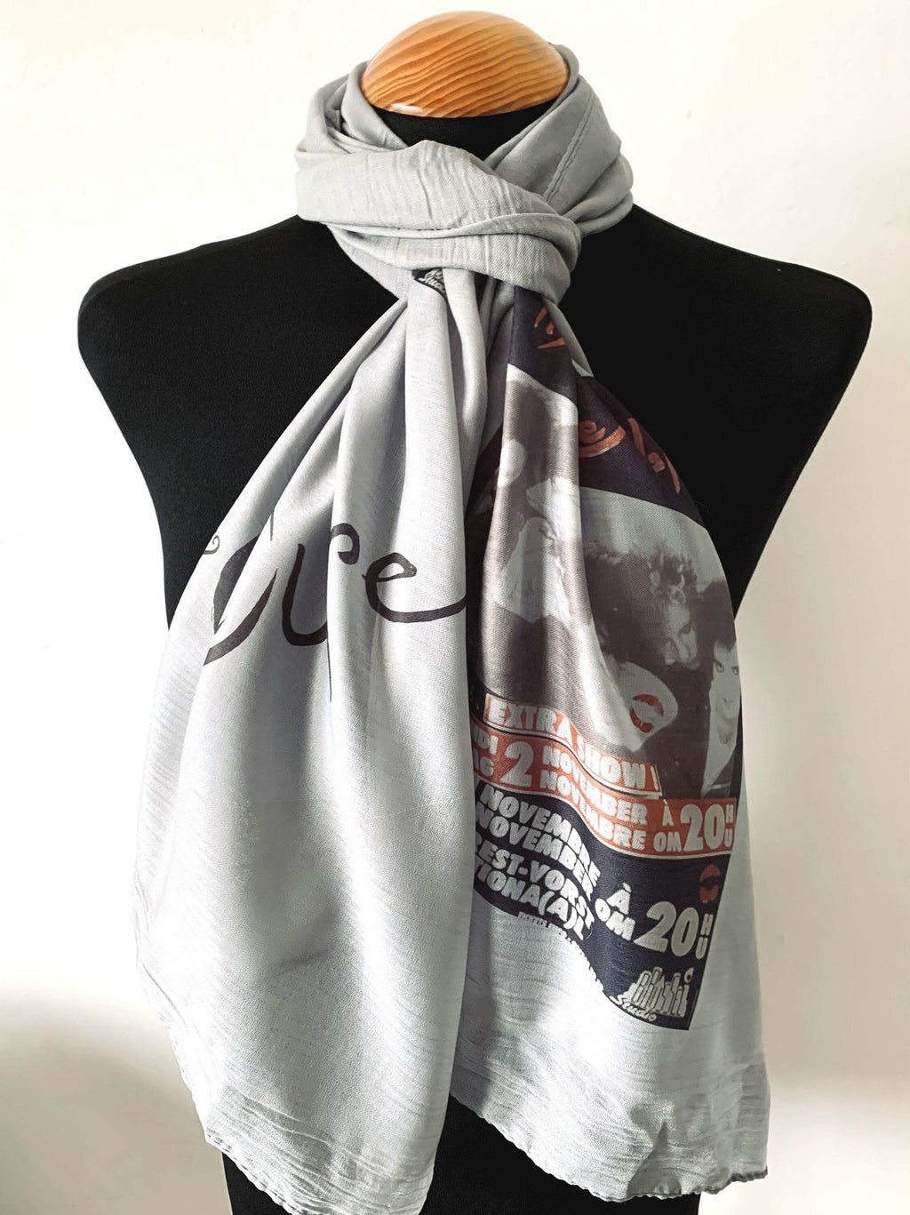 The Cure Inspired Scarf – Punk Style Long Grey Scarf with Black and Red Band Print