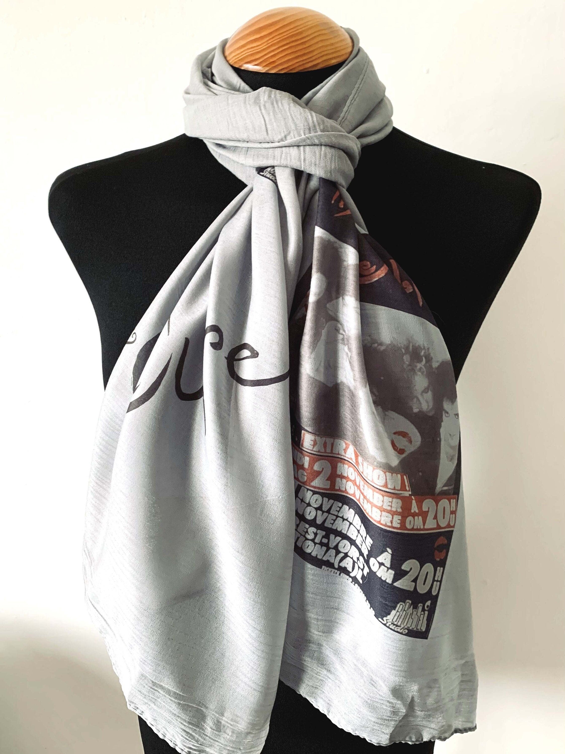 The Cure Inspired Scarf – Punk Style Long Grey Scarf with Black and Red Band Print