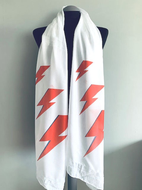 Ziggy Stardust Inspired Scarf – White Long Scarf with David Bowie inspired Red Bolts Print