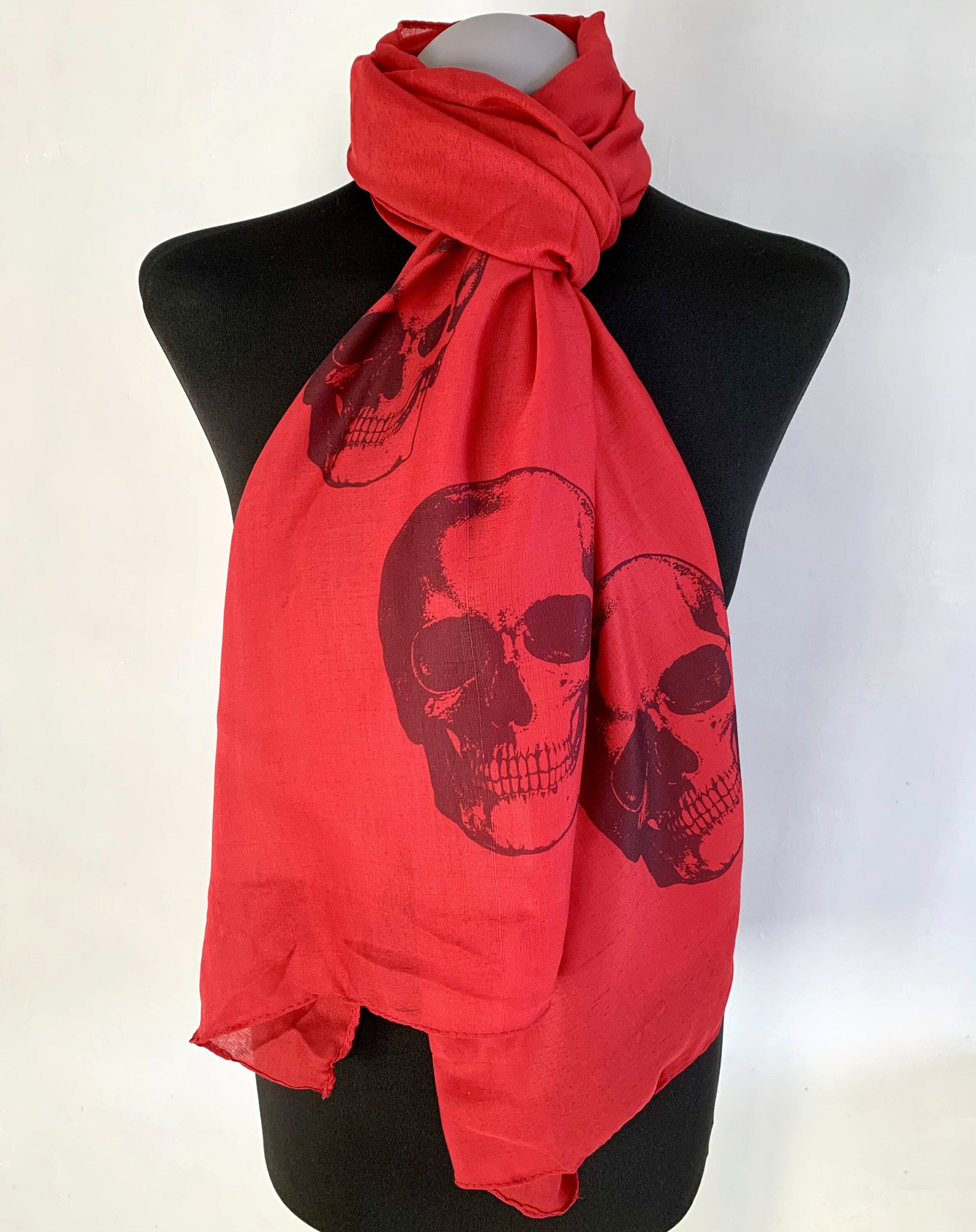 Red Skull Scarf – Long Gothic Punk Wrap with Black Skull Print – Alternative Fashion Accessory