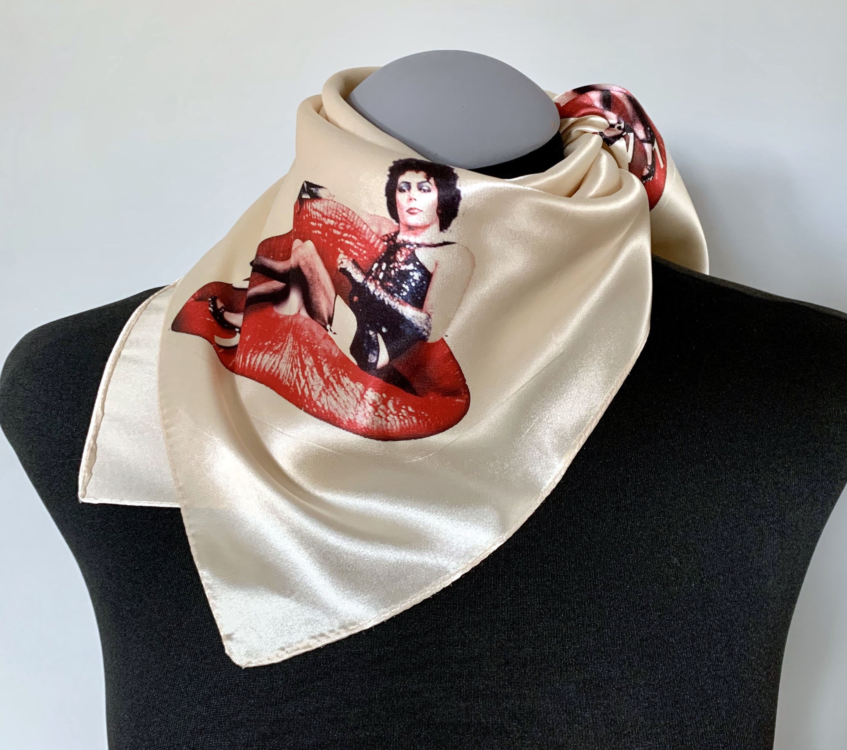 Rocky Horror Inspired Silk Scarf – Ivory Silk Square Scarf with Red & Black RHPS Red Lips Print