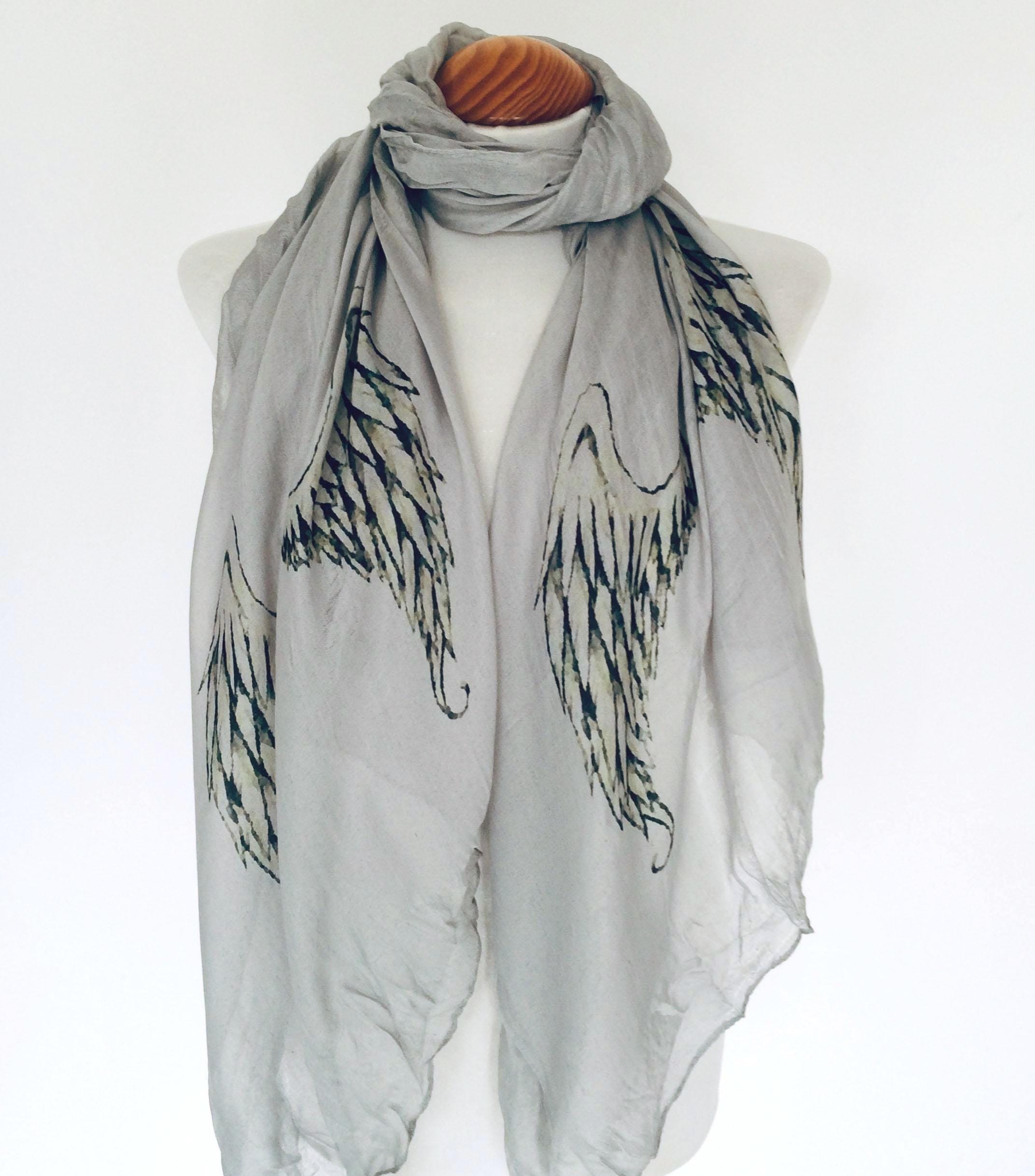 Angel Wings Long Scarf – Ethereal Grey Feather Wrap, Boho Spiritual Style