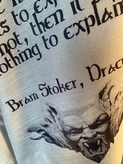 Dracula Vampire Scarf – Gothic Grey Long Literary Scarf with Bram Stoker Print