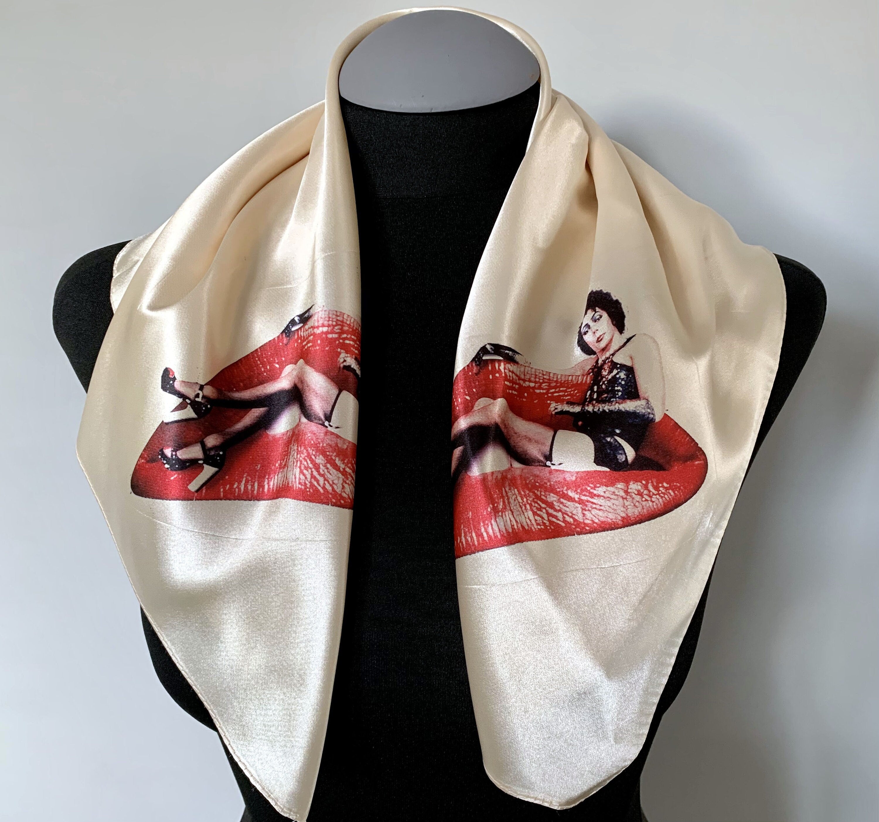 Rocky Horror Inspired Silk Scarf – Ivory Silk Square Scarf with Red & Black RHPS Red Lips Print