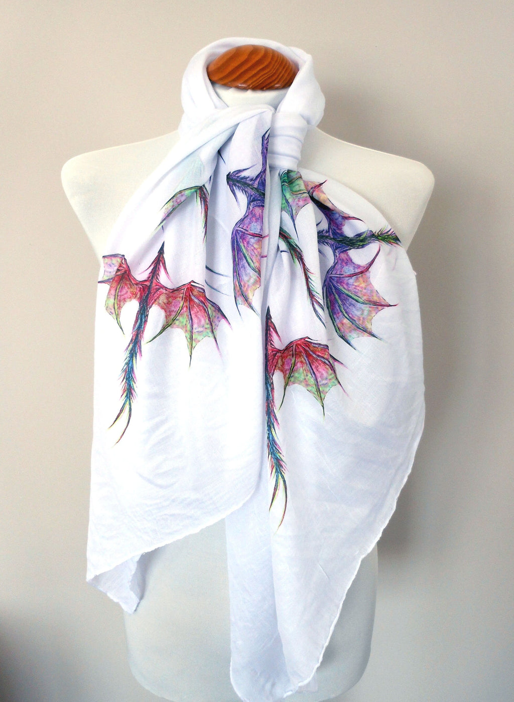 Dragon Scarf – Long White Scarf with Colorful Mythical Dragon Print - Fantasy Scarf