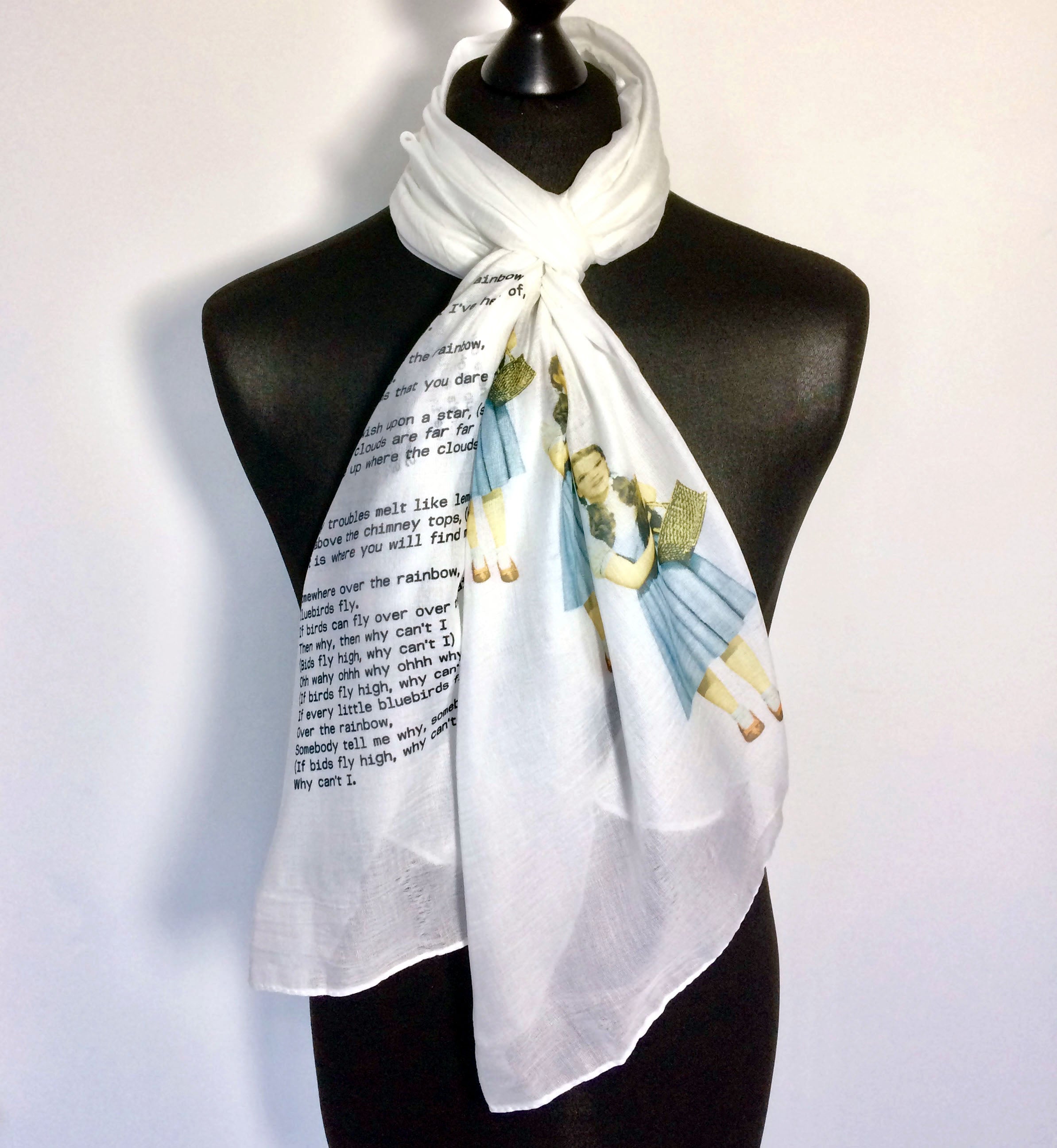 Wizard of Oz Inspired Scarf – Vintage Dorothy and Over the Rainbow Print on White Lightweight Scarf