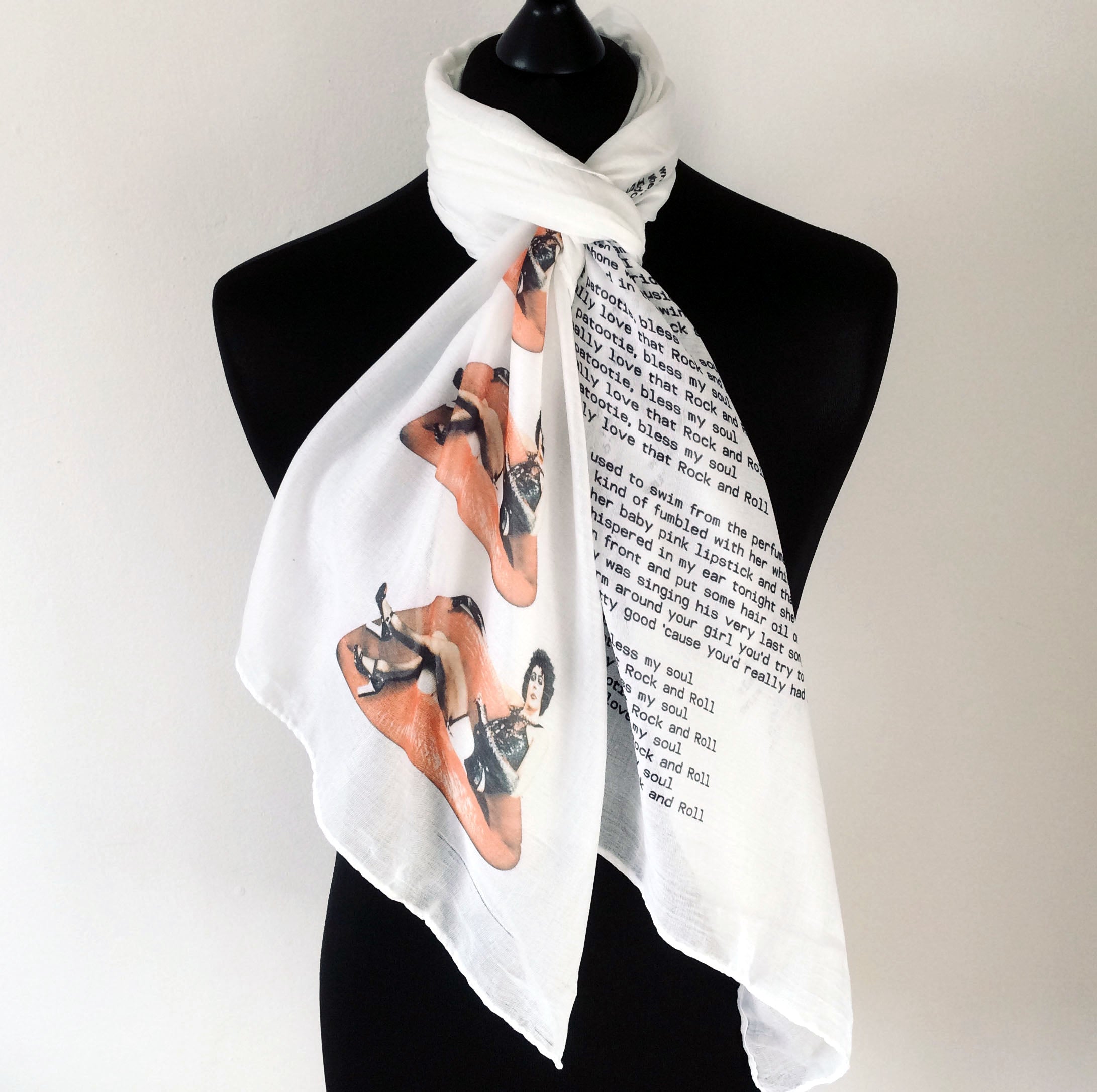 Rocky Horror Picture Show Inspired Scarf – Iconic Hot Patootie Print on White Lightweight Scarf
