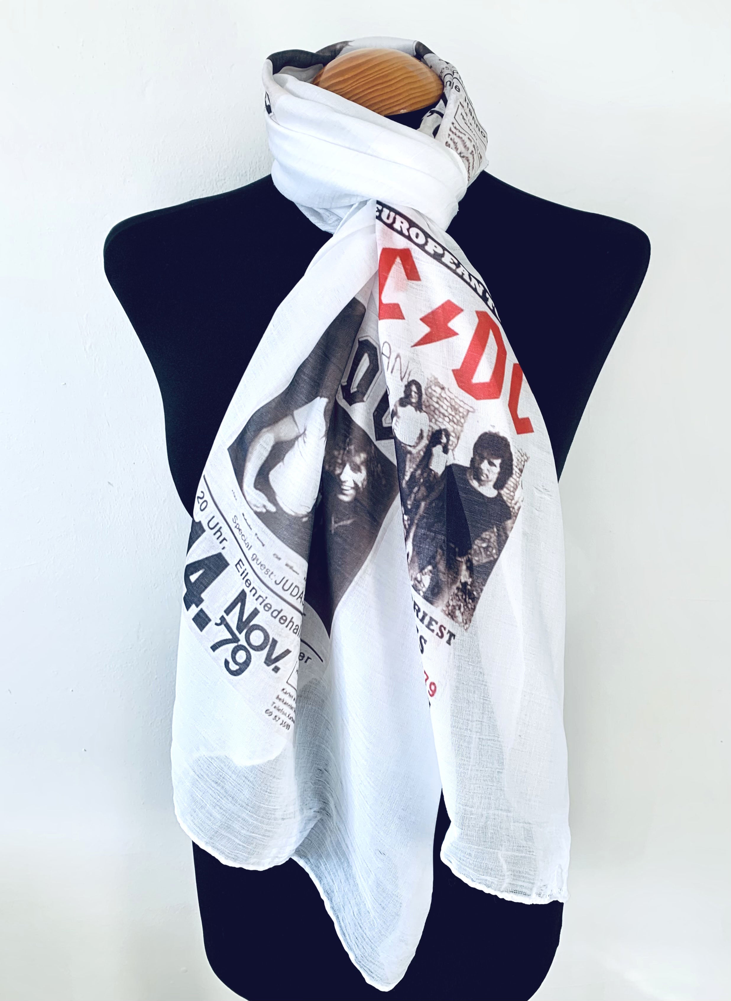 ACDC Inspired Scarf – Vintage Heavy Metal ACDC Style Long Scarf with Red and Black Band Print.