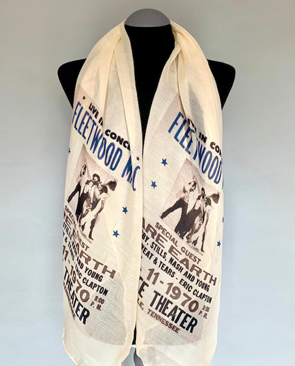Fleetwood Mac Inspired Scarf – Boho Style Long Scarf with Black and Blue Band Print