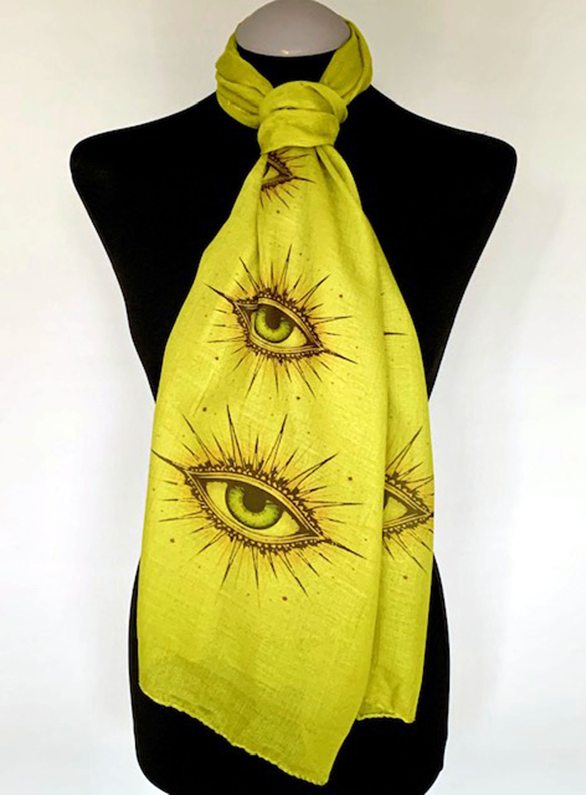 wearable art scarf in army green with all seeing eye print
