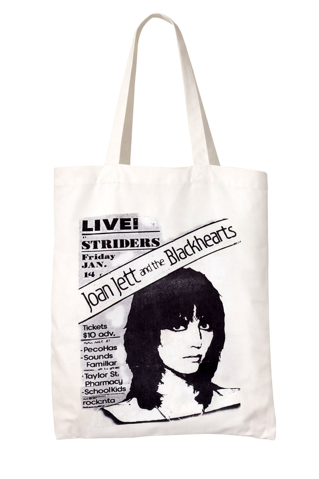 Tote bag with a black and white joan jett print