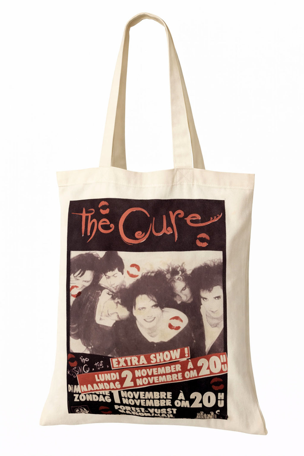Tote bag with 'The Cure' band poster design