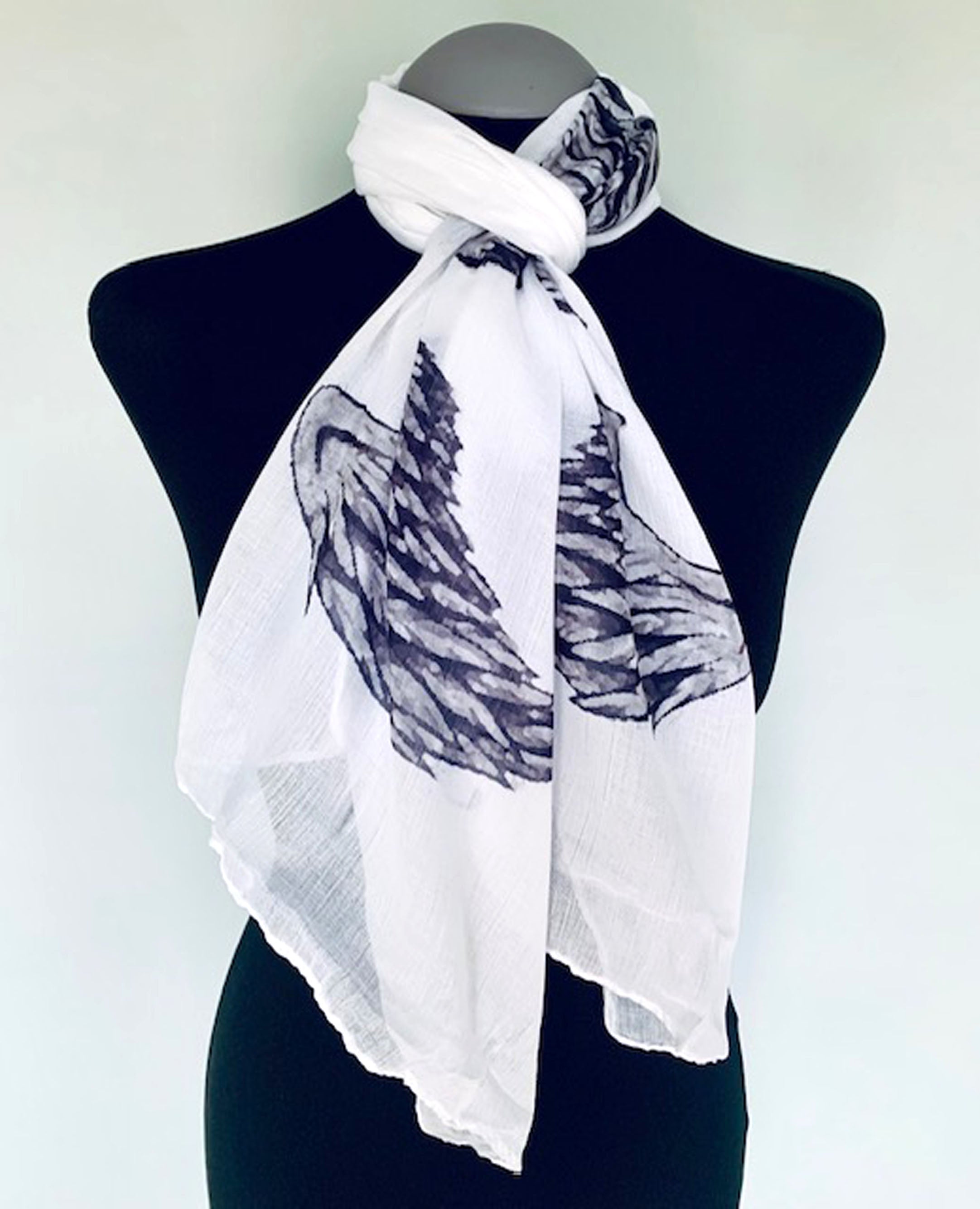 white long scarf with tattoo style angel wings graphic print