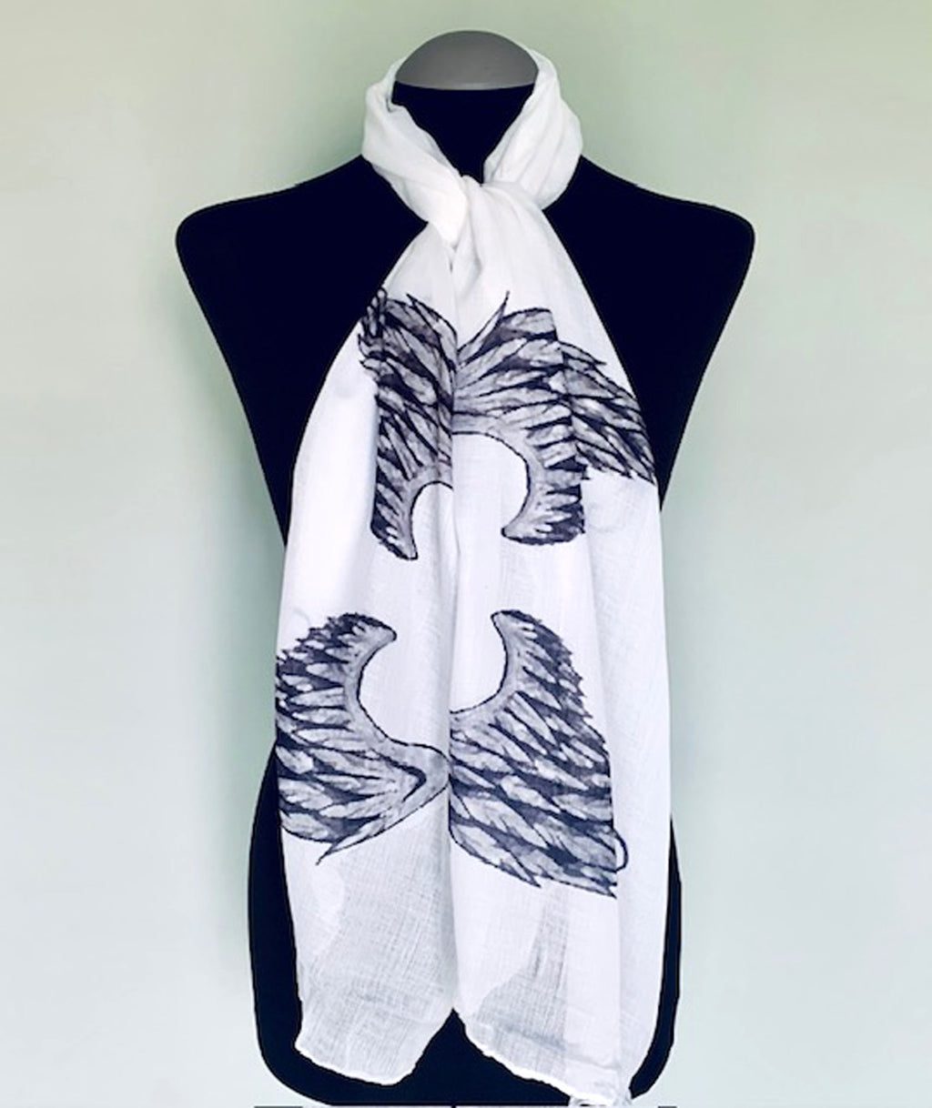 Angel Wings Long Scarf – Spiritual Symbolic Print on Lightweight White Scarf