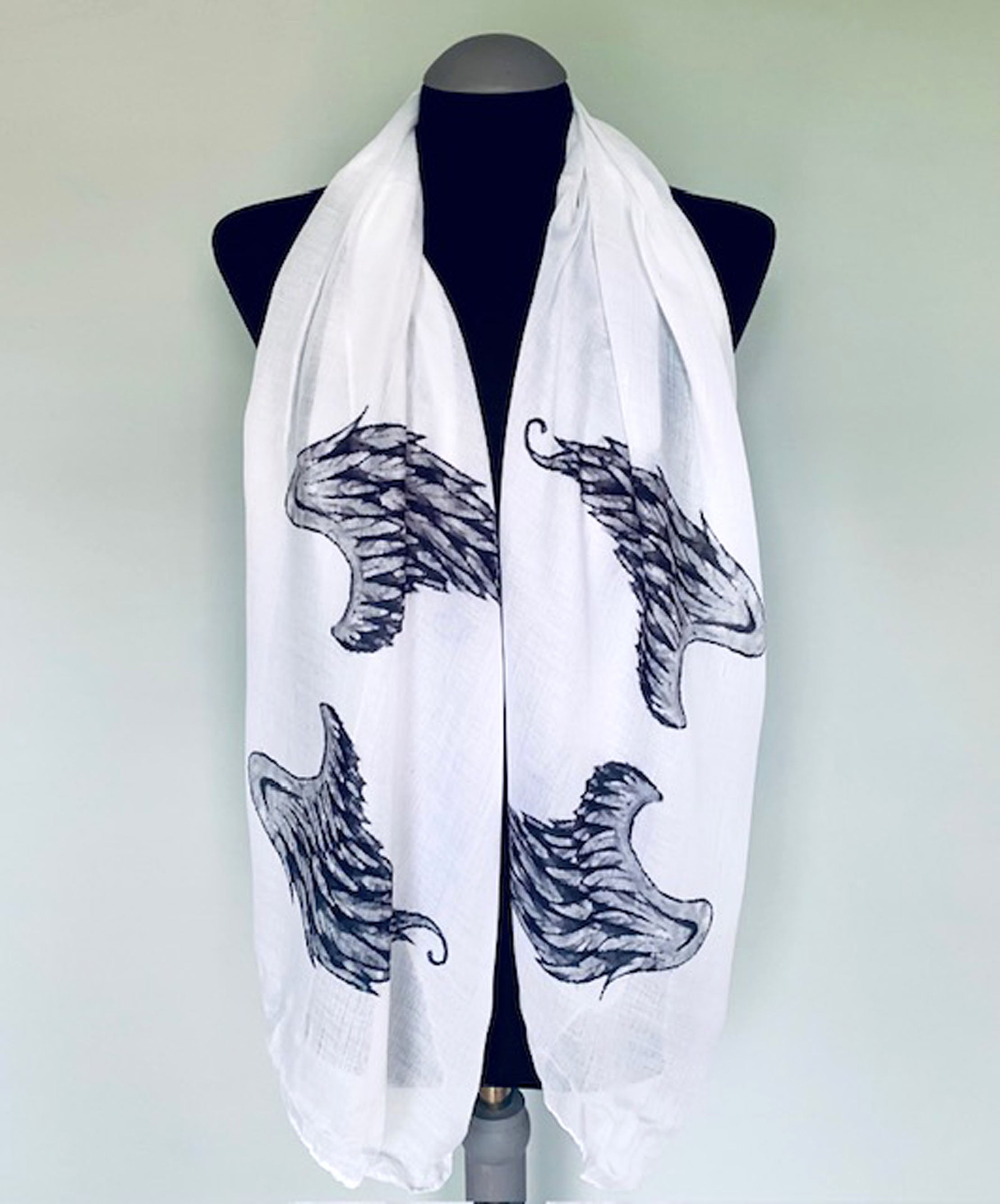 Angel Wings Long Scarf – Spiritual Symbolic Print on Lightweight White Scarf