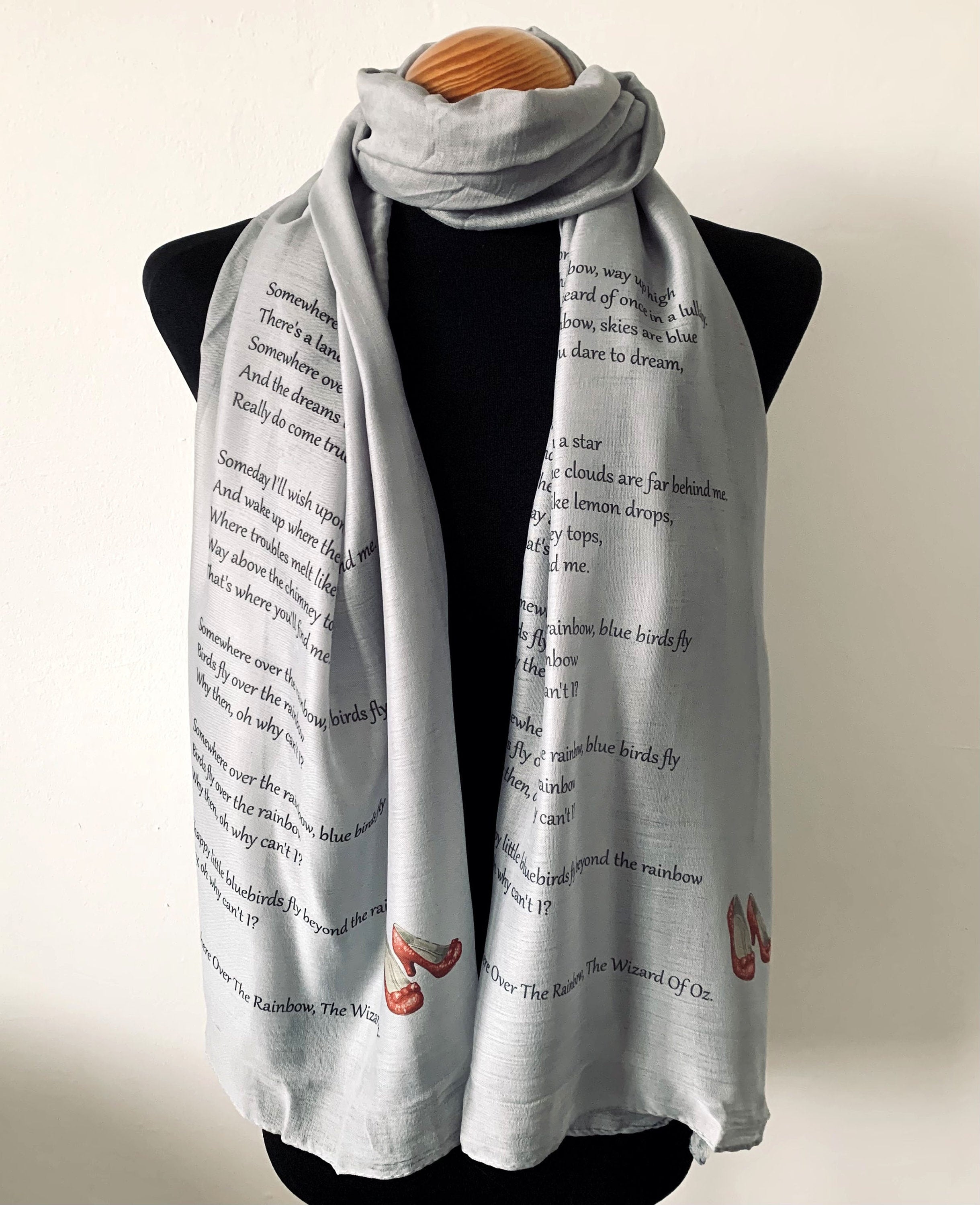Wizard of Oz Inspired Scarf – Grey Long Scarf with 'Over the Rainbow'  Print