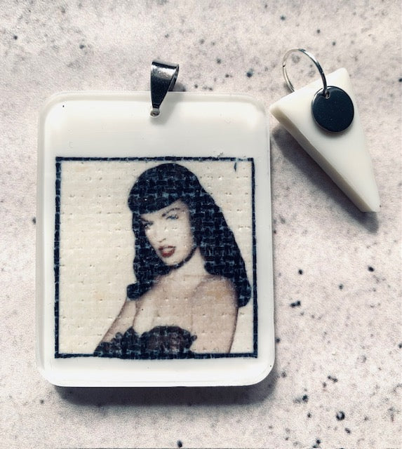Bettie Page Inspired Resin Pendant Necklace. Mixed Media Art Jewellery. Stainless Steel Chain. Ivory Drop Pendant. Vintage Pin-up Gift.